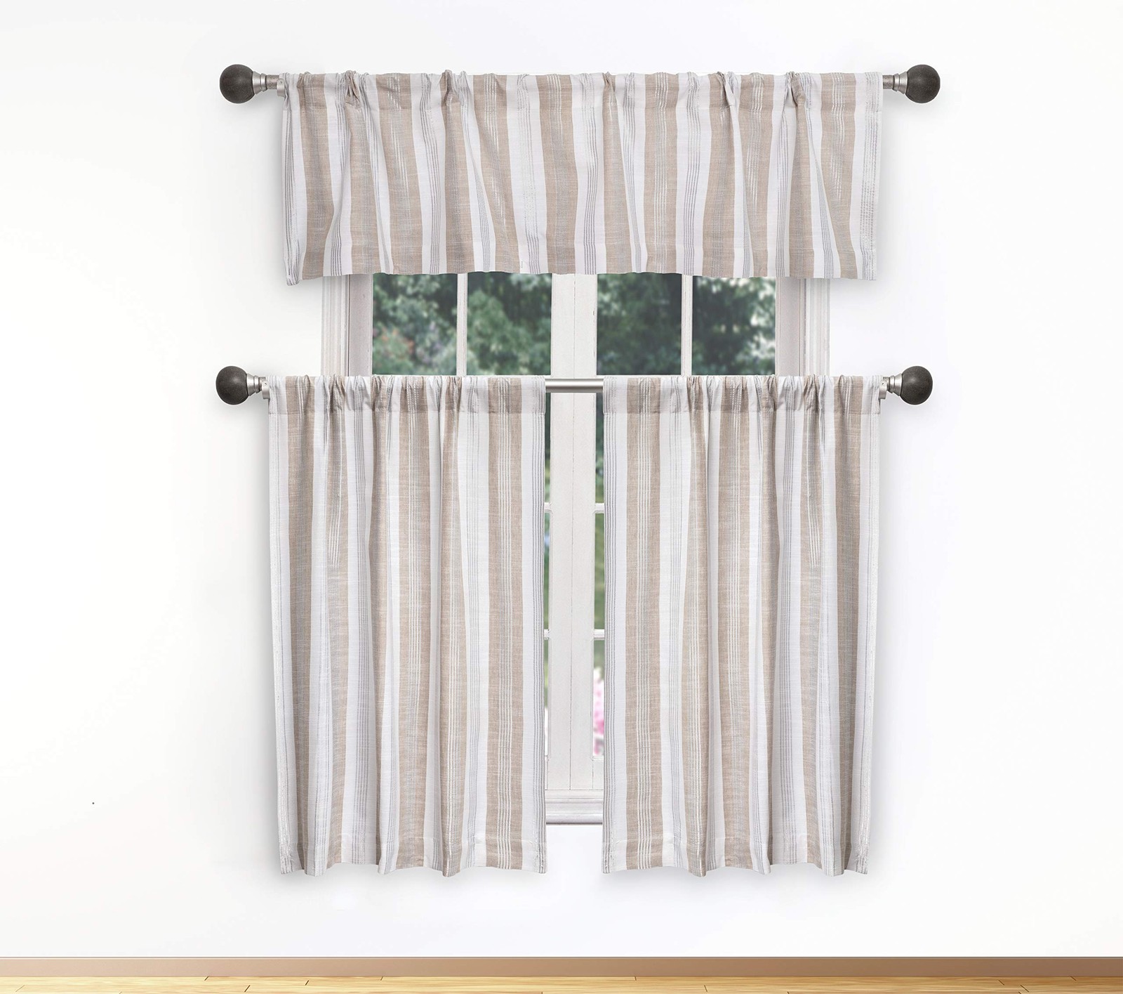Home Maison – Rhett Striped Faux Linen Textured Kitchen Tier Valance Set | S…