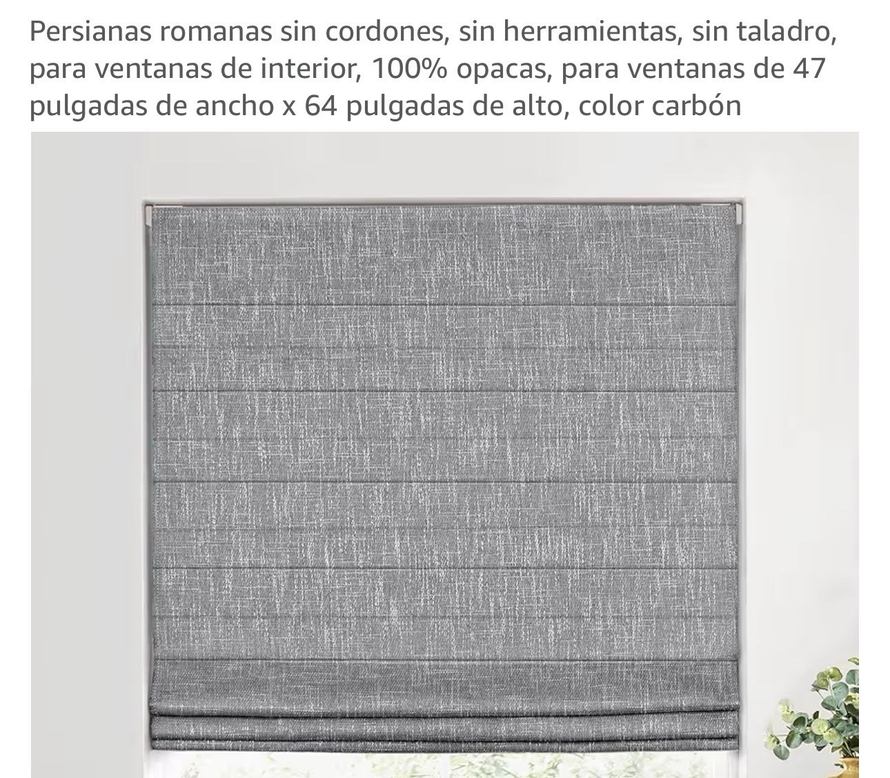 NN Cordless Roman Shade Fabric Opaque Drew Charcoal 47 x 64 in