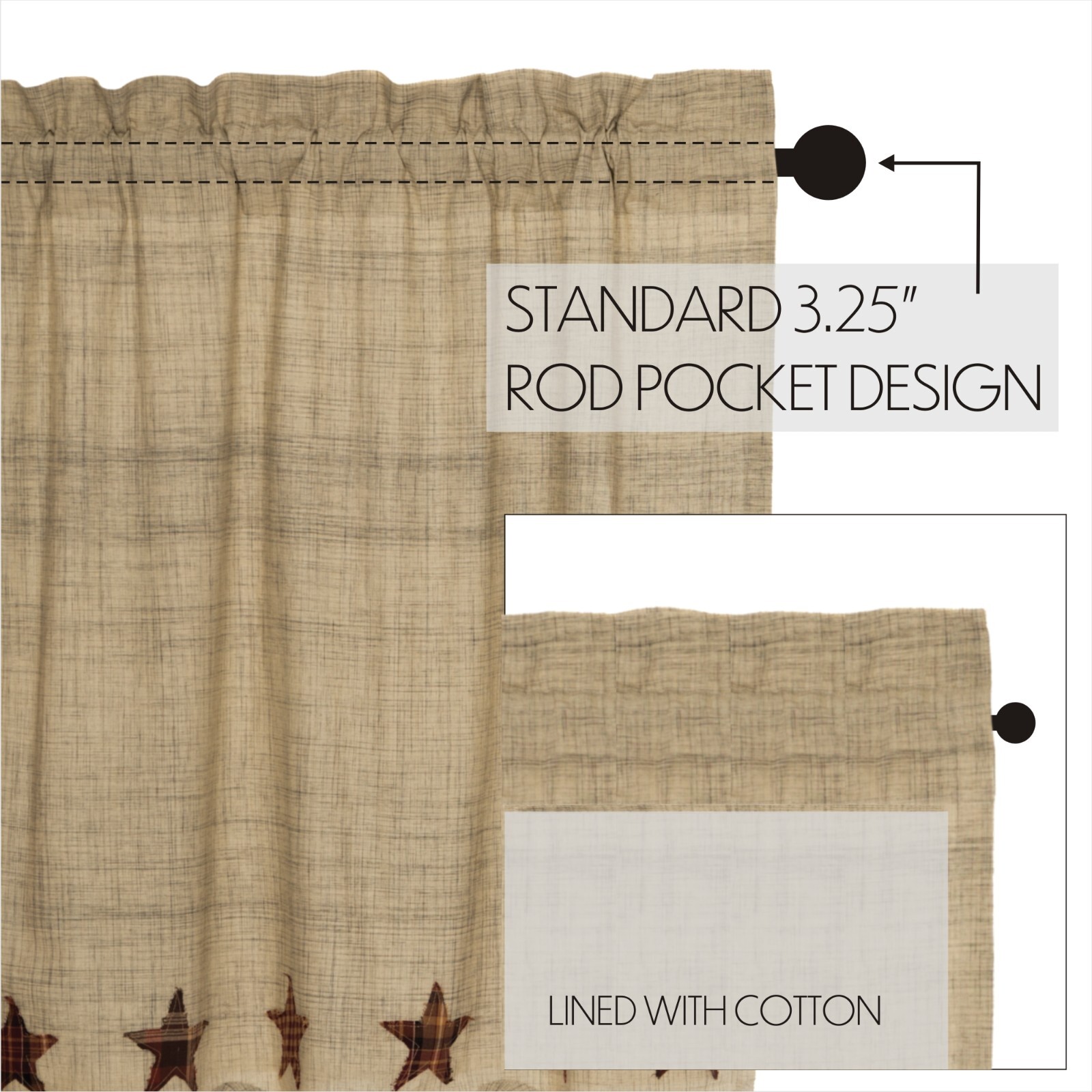 Abilene Star SWAG CURTAIN SET 36x36x18 Applique’ Stars Tan Burgundy Brown