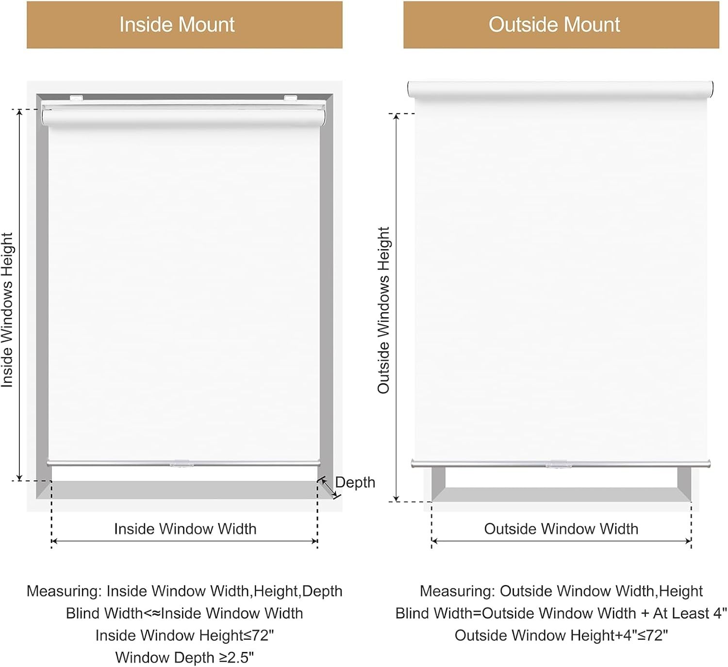 HOMEBOX 100% Blackout Cordless Roller Window Shades, WHITE, 24in W x 72in L