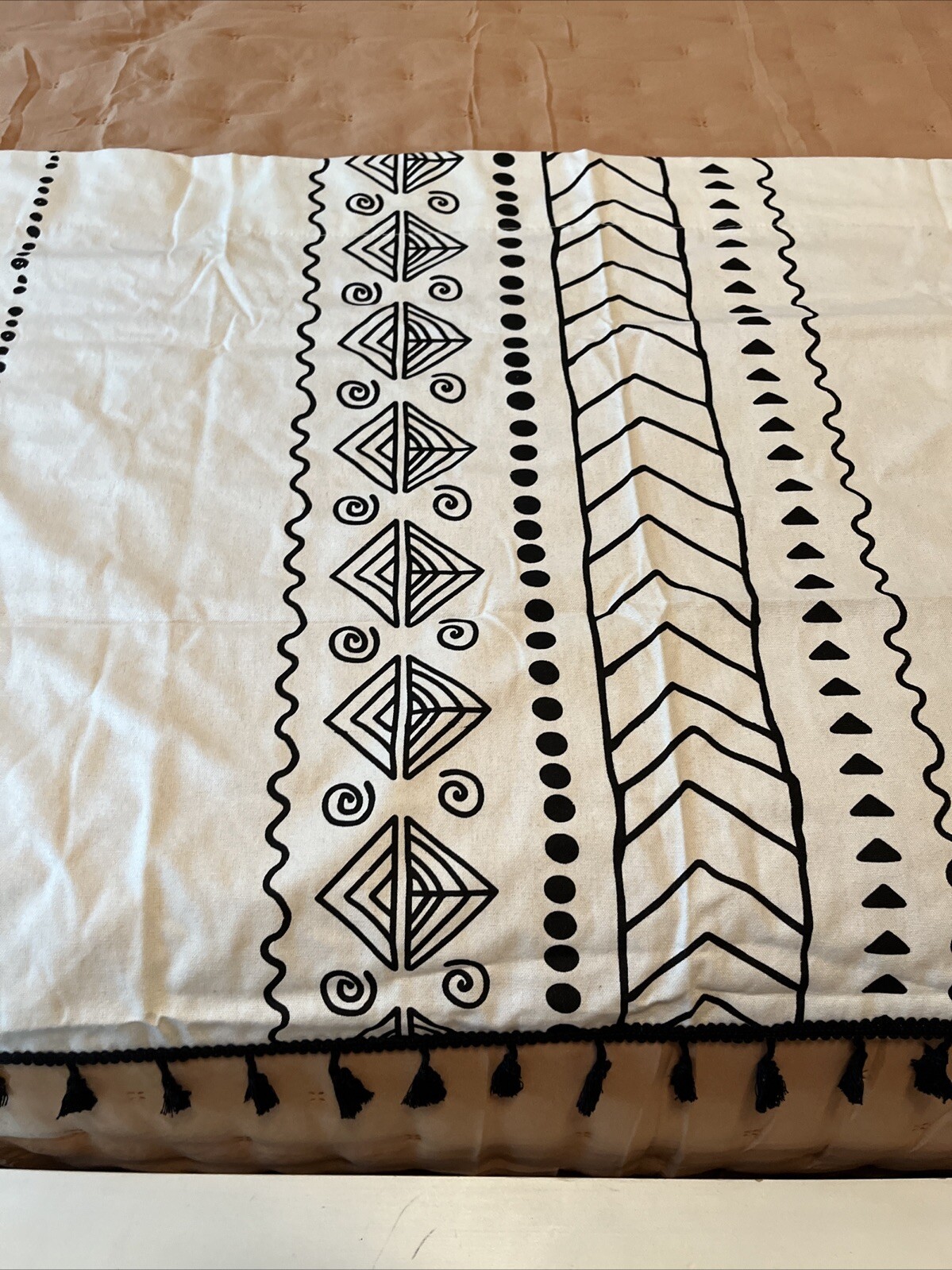 New Never Used ~ Fun Boho Black and Ivory Striped Valance With Tassels 61×24