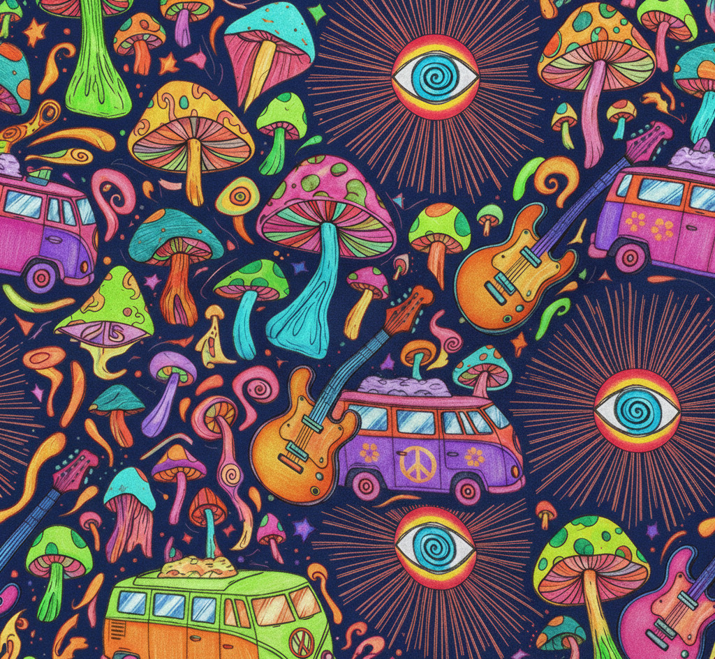 Psychedelic Dense Floral , Living Room 70% Light Blocking