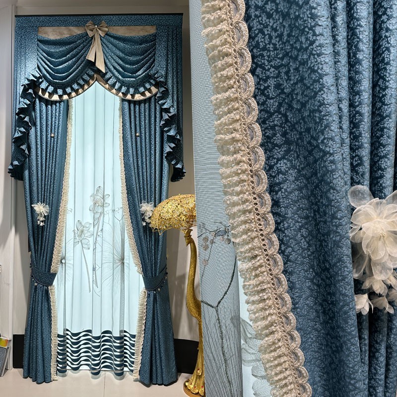 Custom French Embroidery cloth blue lace Velvet curtain valance tulle M1799