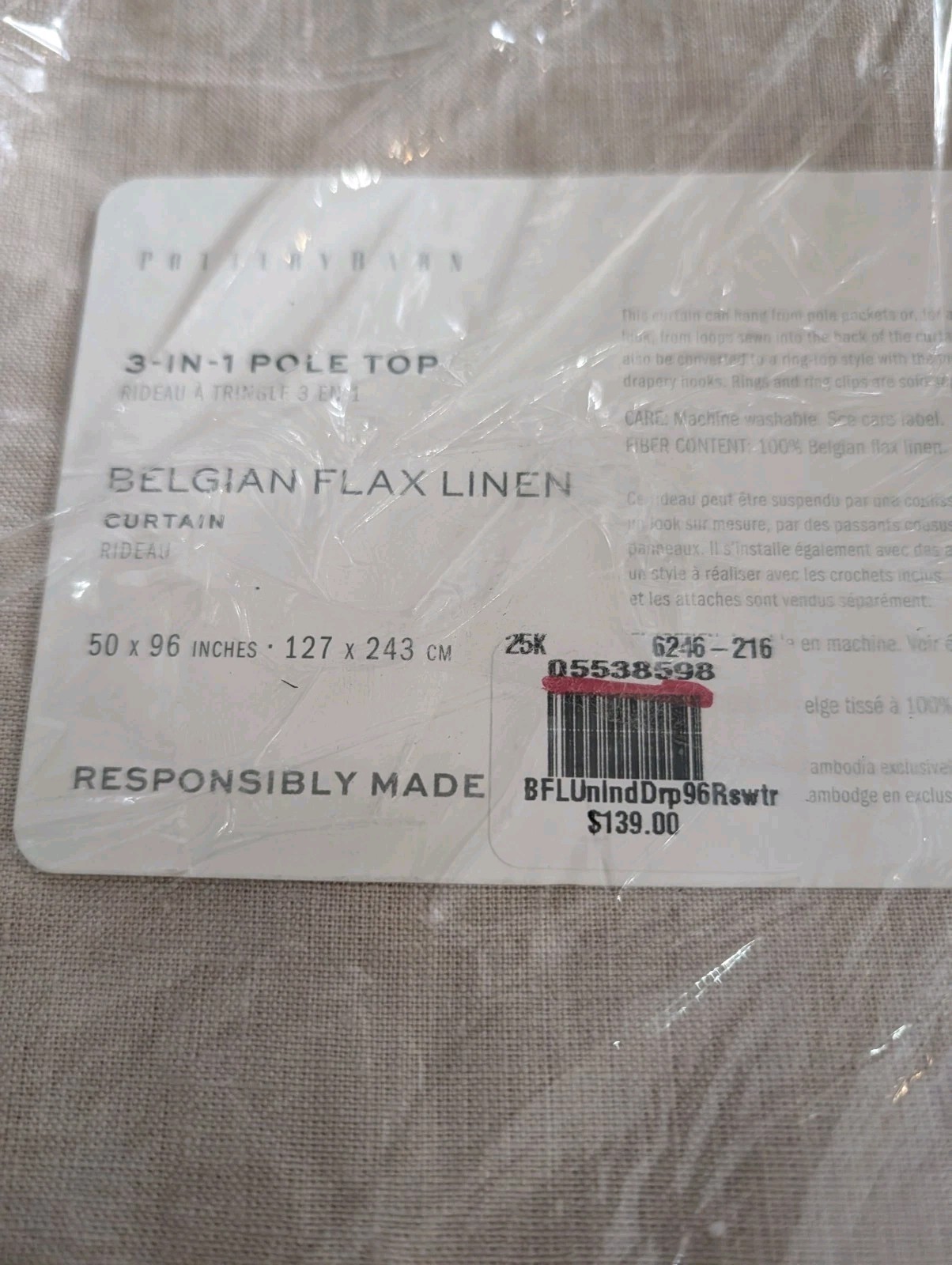 POTTERY BARN Belgian Flax Linen Unlined 3-in-1 Curtain-50×96″-Rosewater-NWT