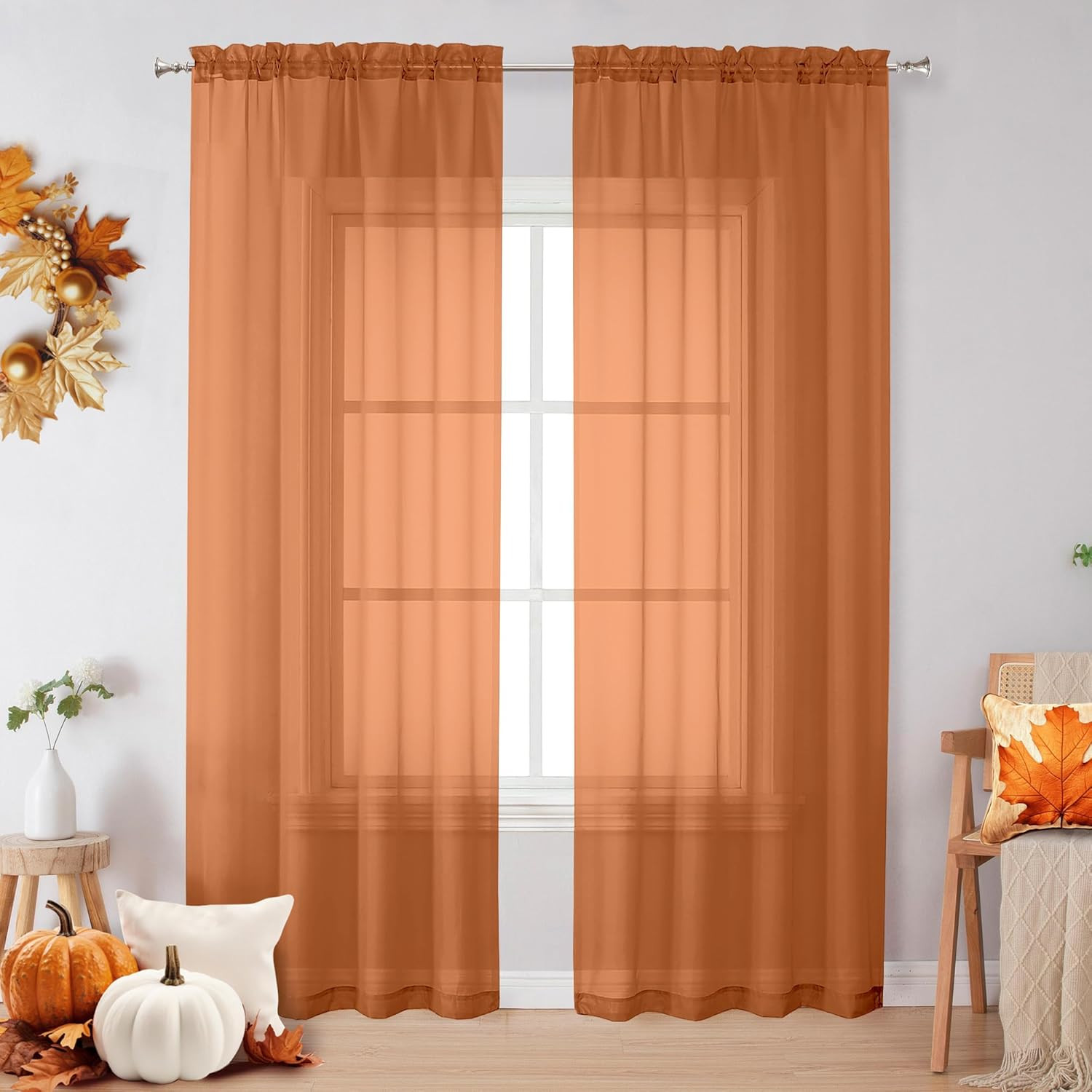 Sheer Orange Curtains 84 inch Length 2 Panels Set, Airy Soft-Touching Rod Pocket