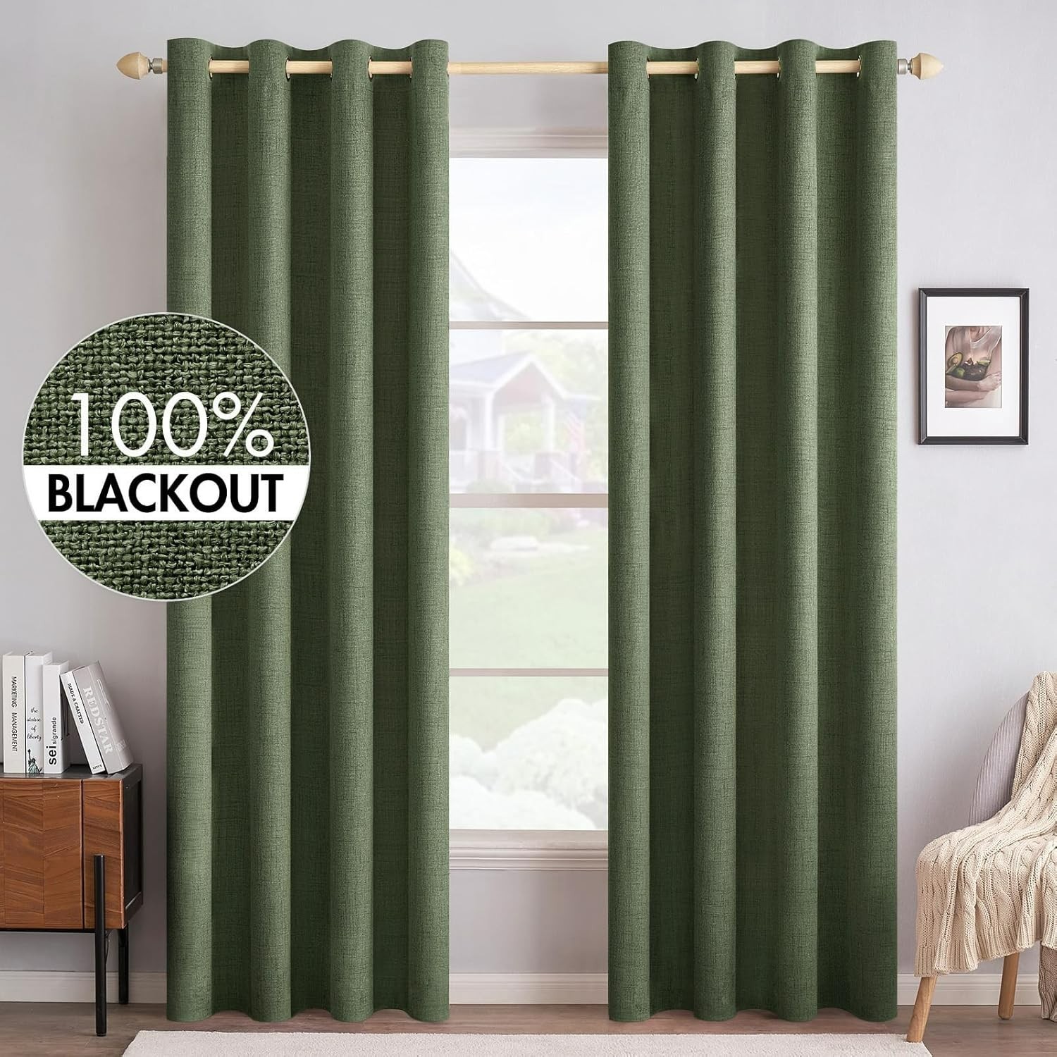 MIULEE 100% Blackout Linen Textured Curtains OLIVE GREEN NEW 2PK 52X45 392