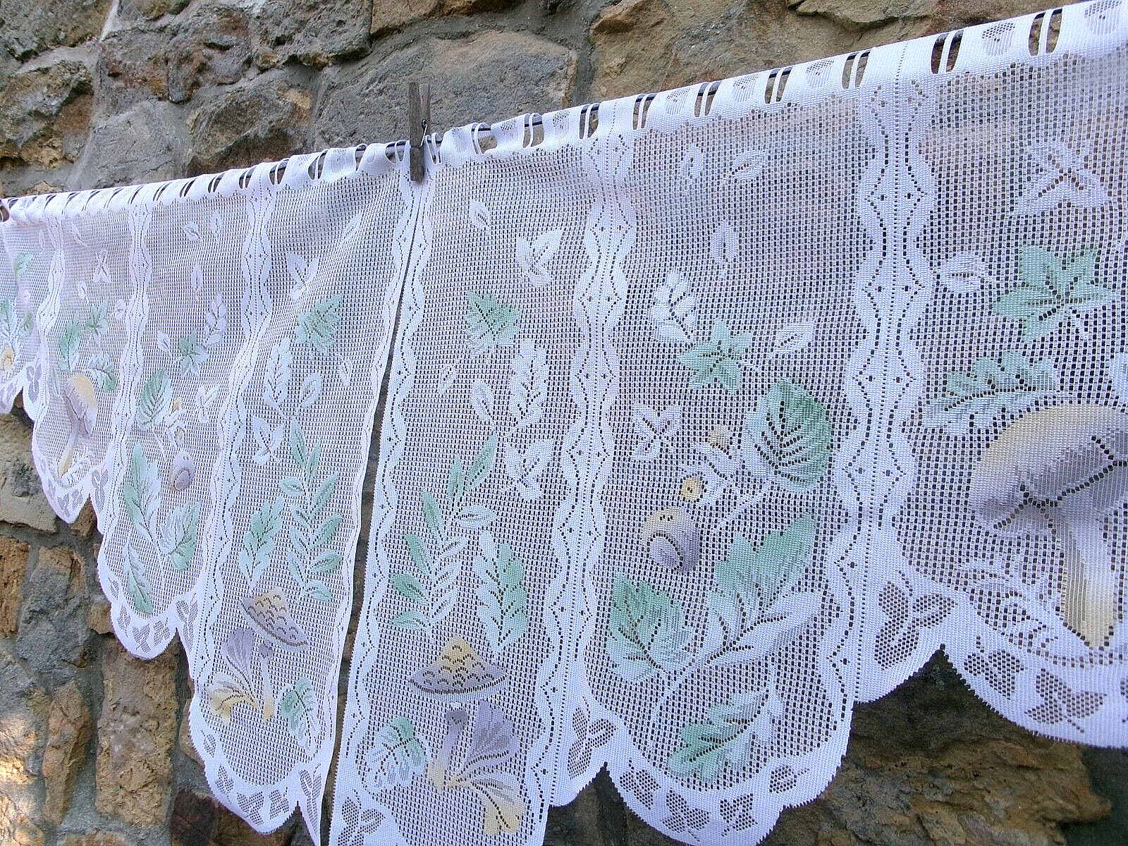 French pair white pastel curtains valance lace mushroom motif 30» x 23» each