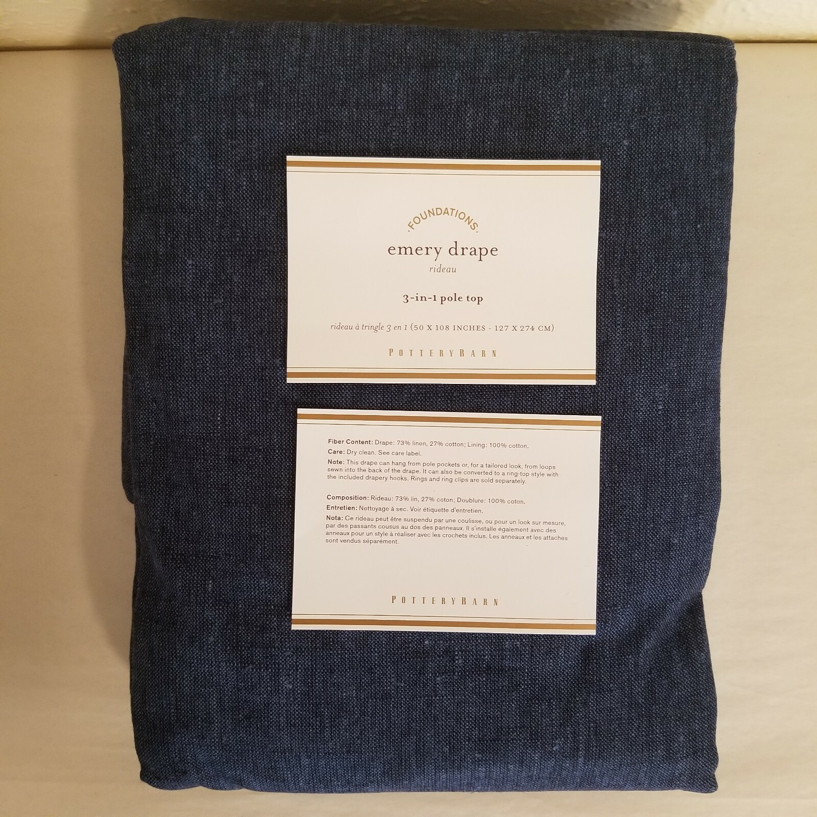Pottery Barn Emery Linen Curtain 50×108 Cotton Lining Midnight Denim