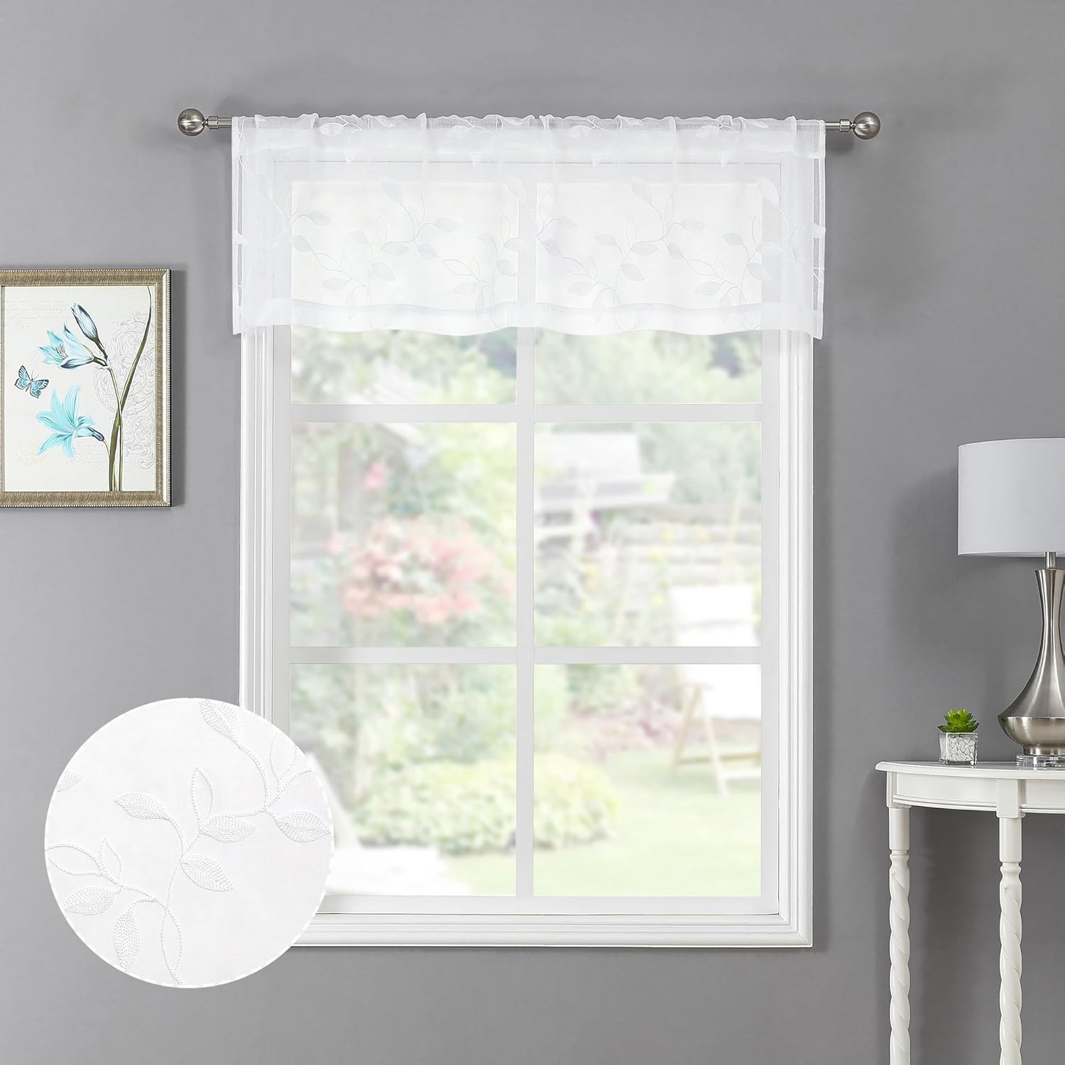 Sheer White Leaf Embroidered Window Valance for Living Room Curtains