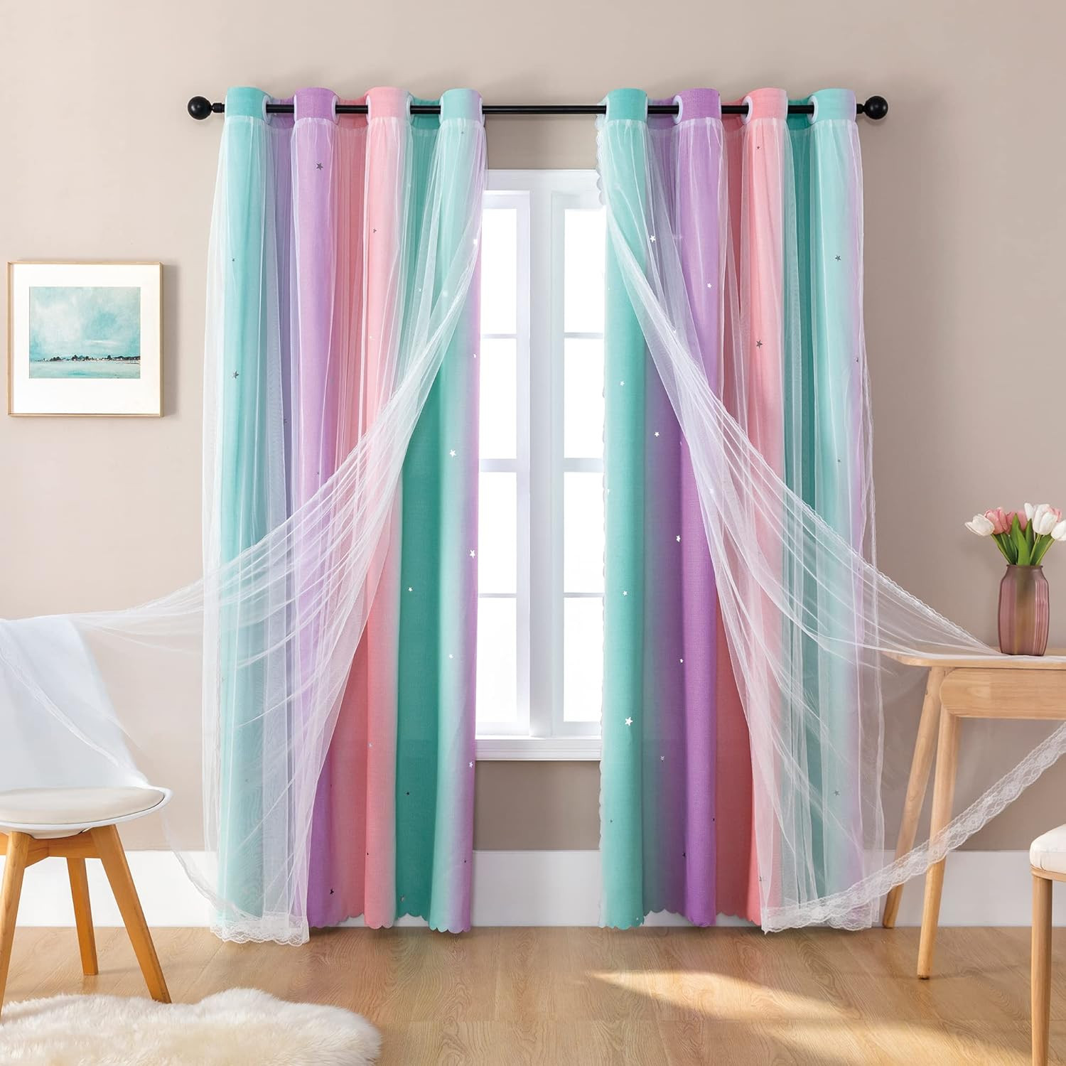 Curtains for Girls Bedroom Decor, Rainbow Blackout Curtains
