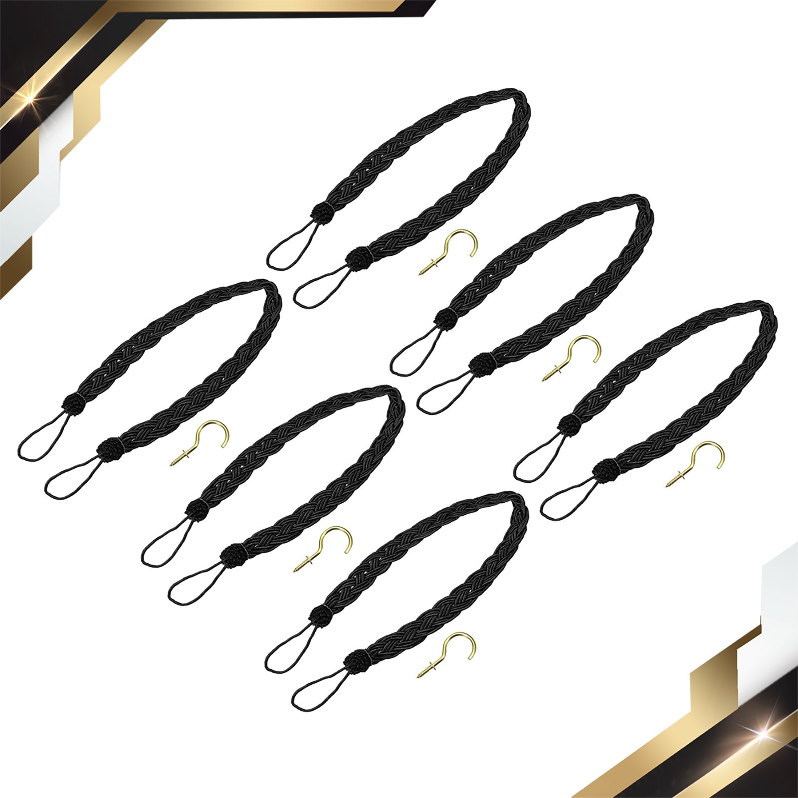 6Pcs 23″ Curtain Tiebacks Braid Drapery Holdback Holder with Hook Black
