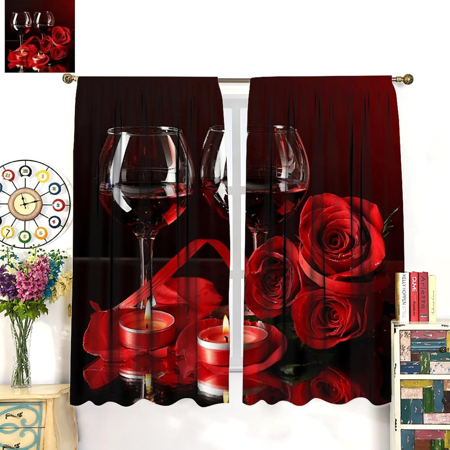 Red Wine Rose Curtains, Burgundy Rose Romantic Floral Flower Wine Girls Print fo