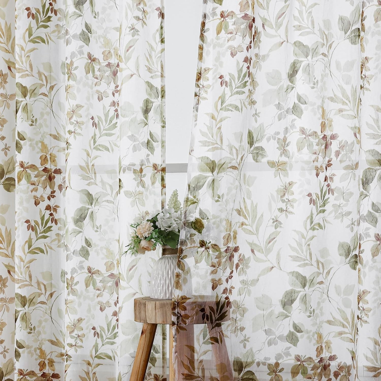 Crushed Sheer Curtains 63 Inch Length 2 Panels Set, Sheer Floral Curtians wit…