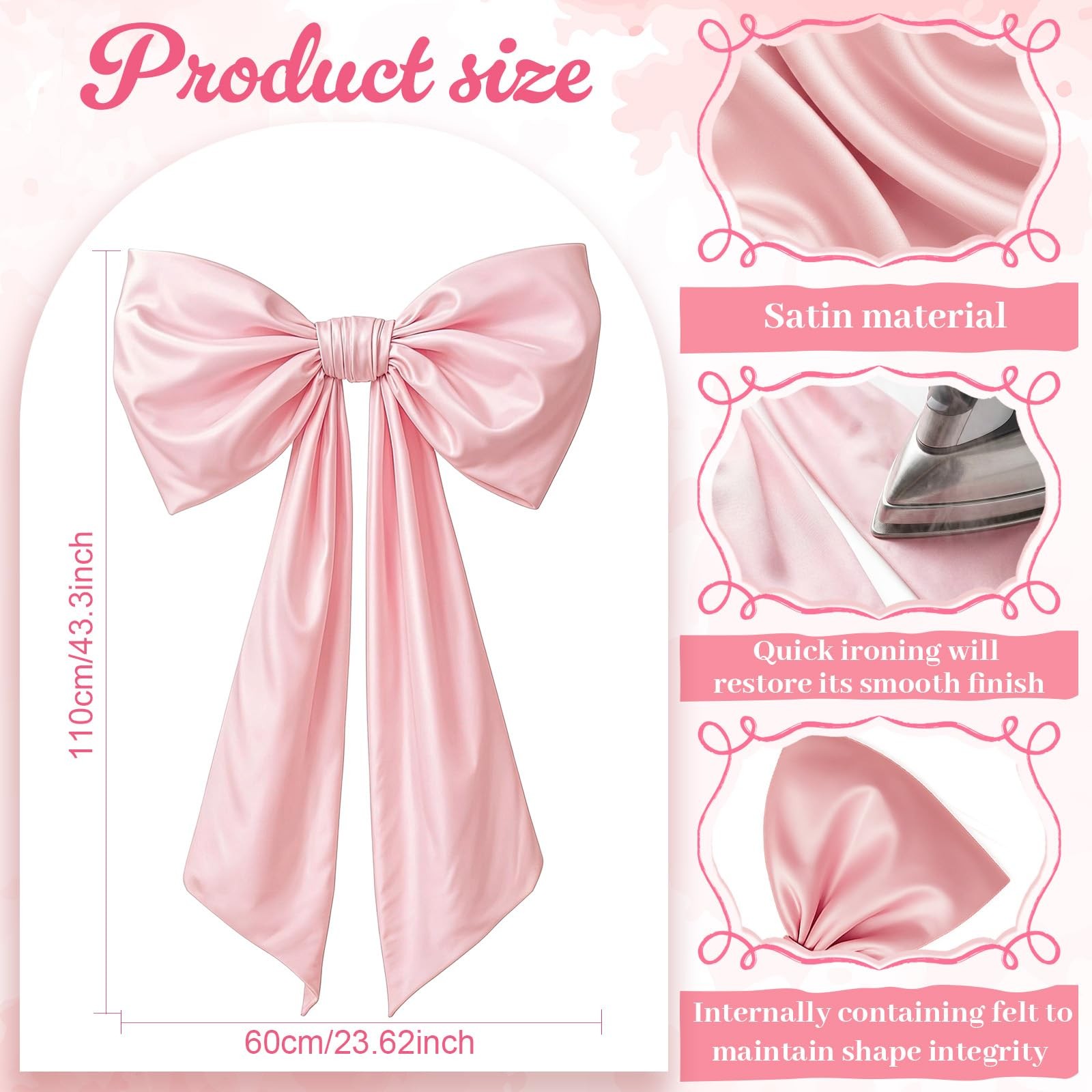 Large Pink Satin Ribbon Bow Coquette Room Decor 43×24 Inch Wall Hanging