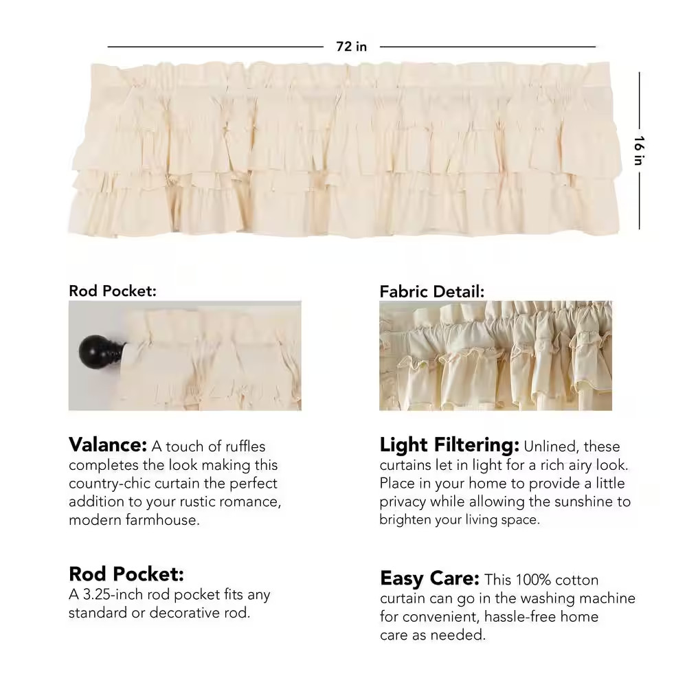 Muslin Ruffled 72 In. W X 16 In. L Cotton Ruffled Edge Rod Pocket Farmhouse Kitc