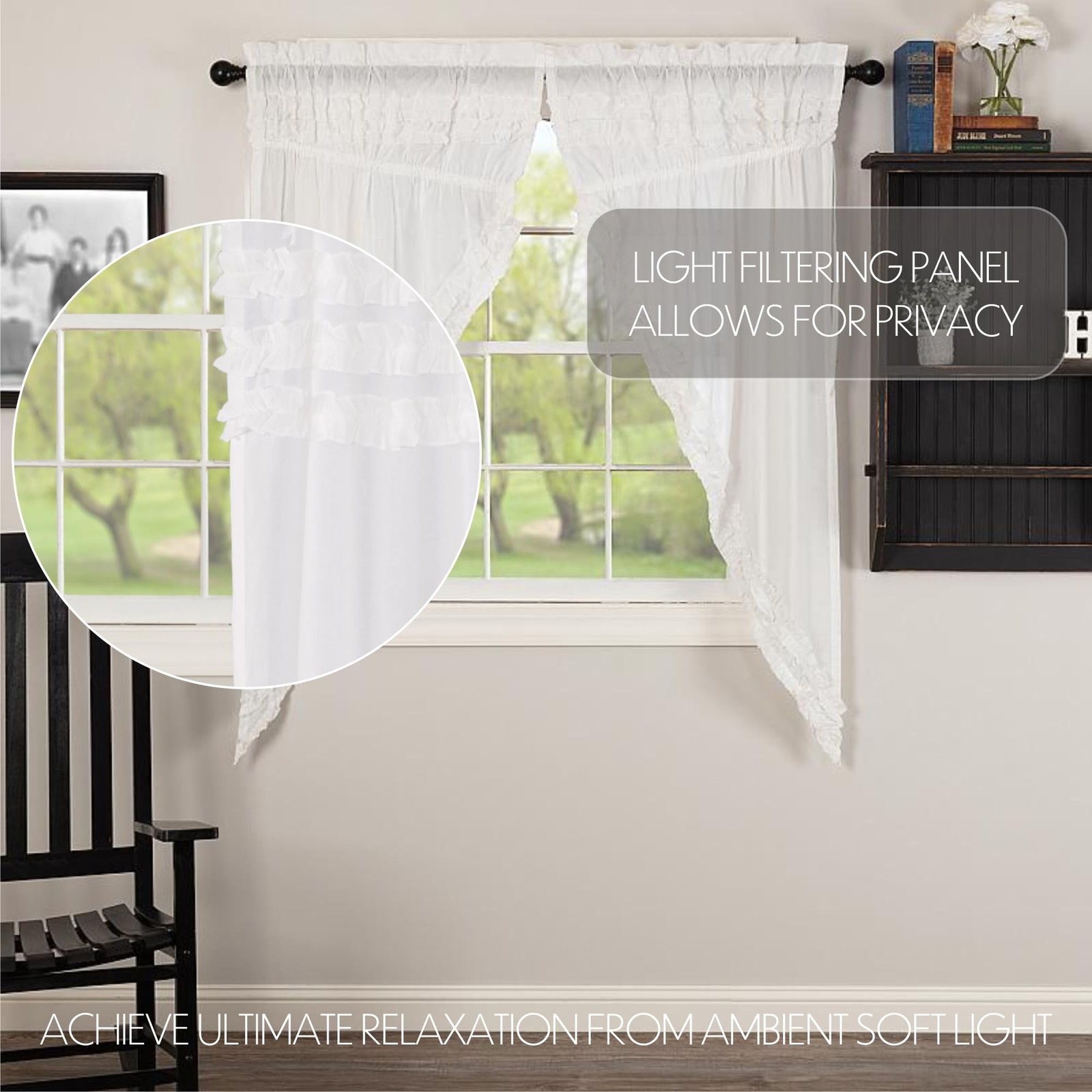 Farmhouse 63x36x18 Prairie Panel Pair White Rod Window Curtains
