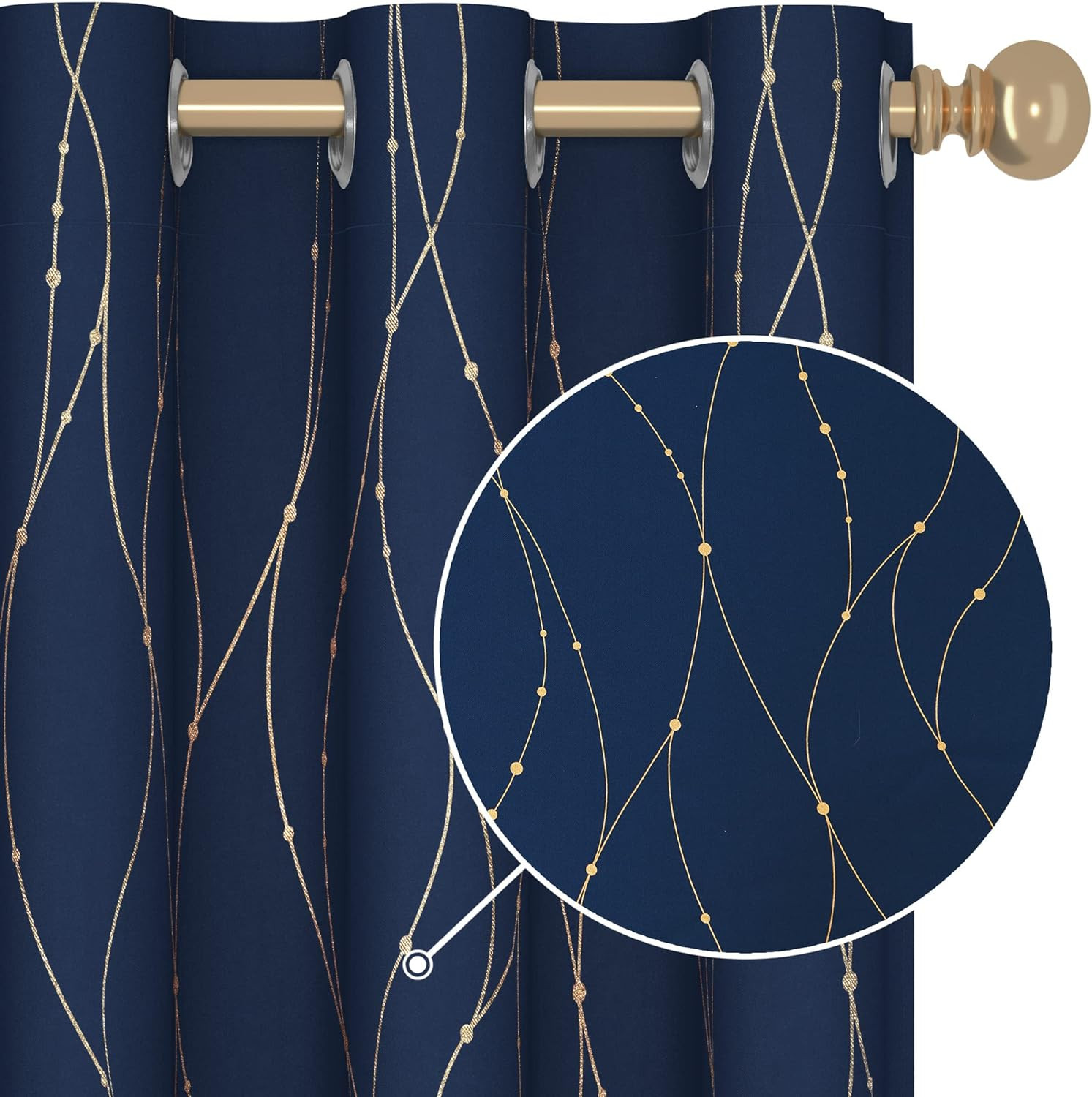 Navy Blue Blackout Curtains with Gold Foil Wave Design, 2 Panels, 42×95 Inch