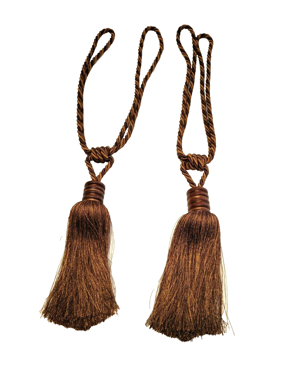 Vintage Large Drapery Tiebacks Set of 2 Brown Red Gold Tassels Braided Rope 28″