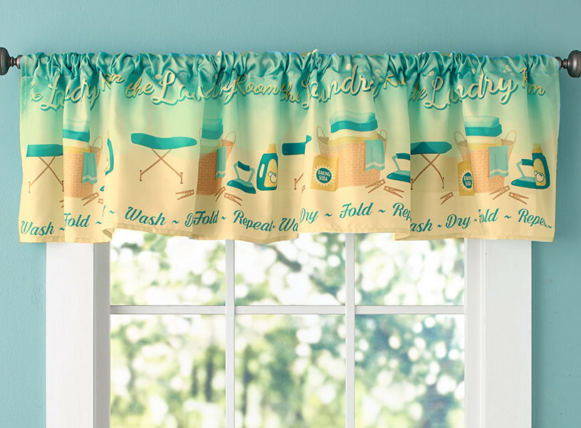 Laundry Room Window Valance Curtain Aqua Teal 71×14 «Wash Dry Fold Repeat»