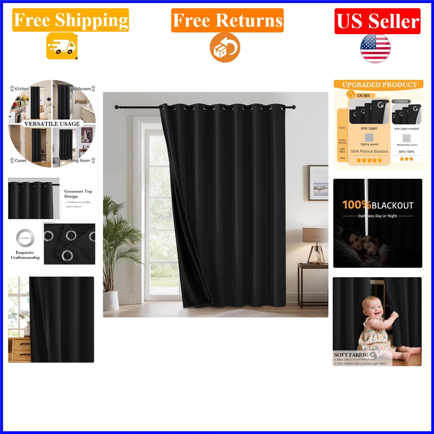 Blackout Black Room Divider Curtain, 100x84in, Water-Resistant & Insulated