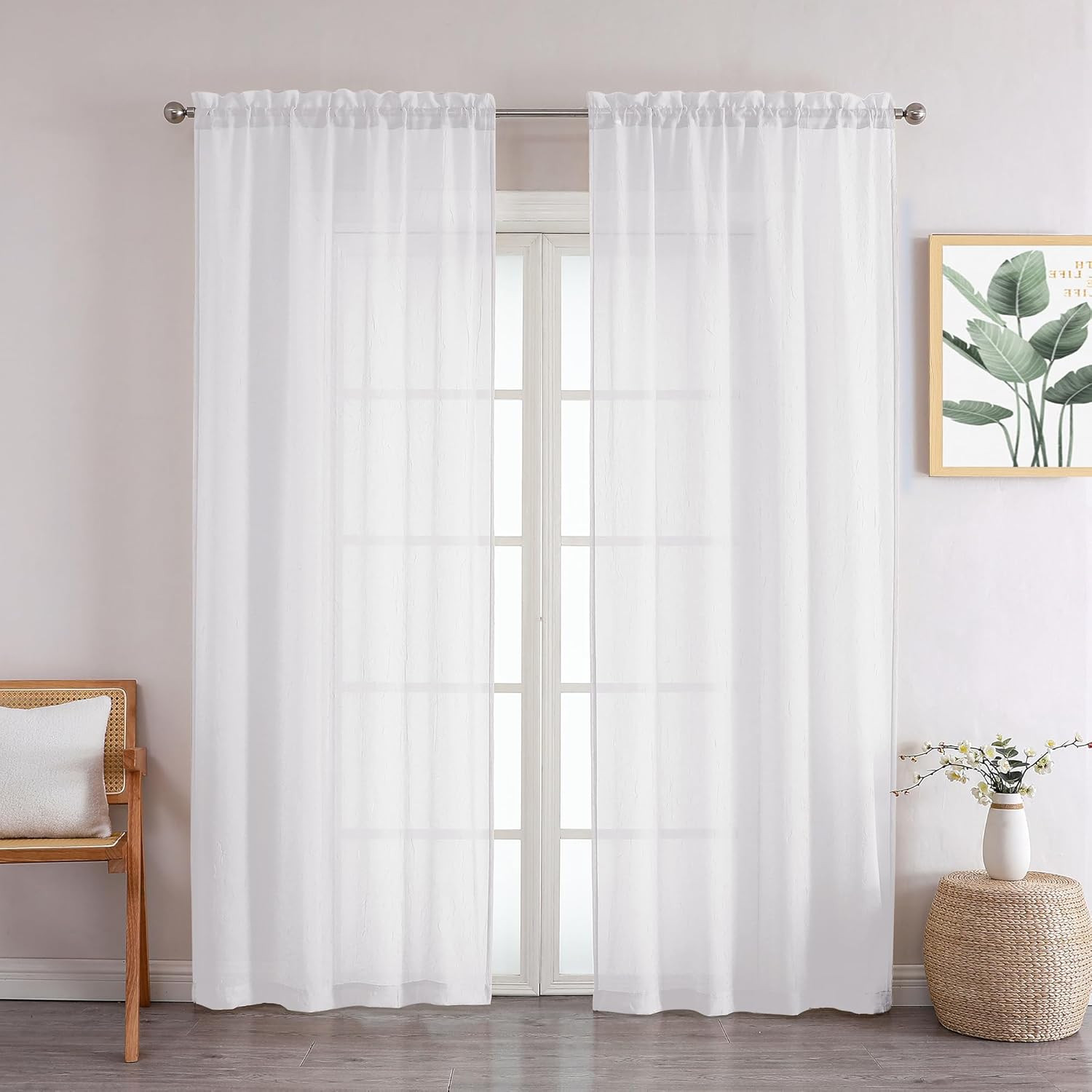 Crushed Sheer White Curtains 84 Inch Length 2 Panels, Light