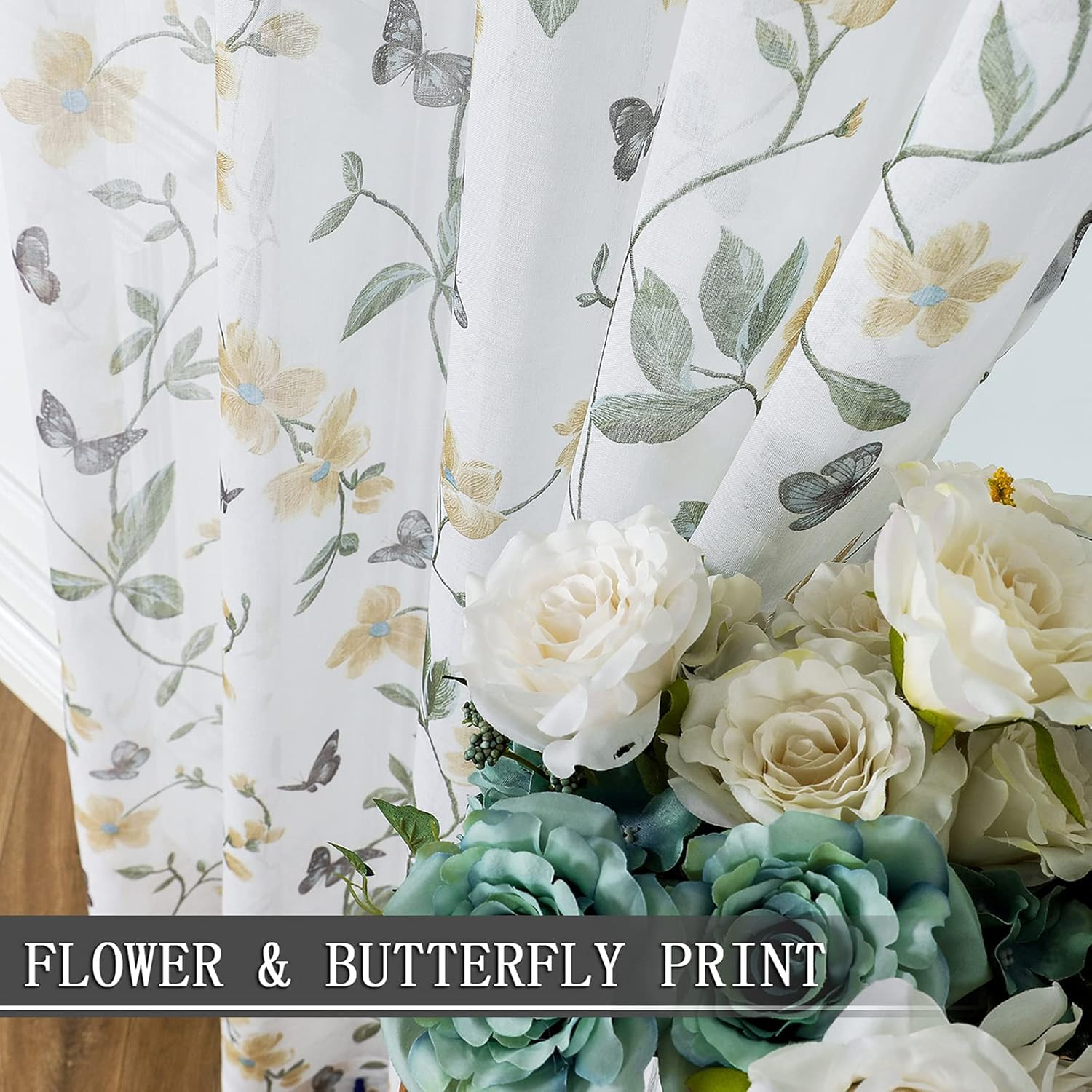 Sheer Floral Tier Curtain Yellow Flower Butterfly Printed Half Window Curtains R