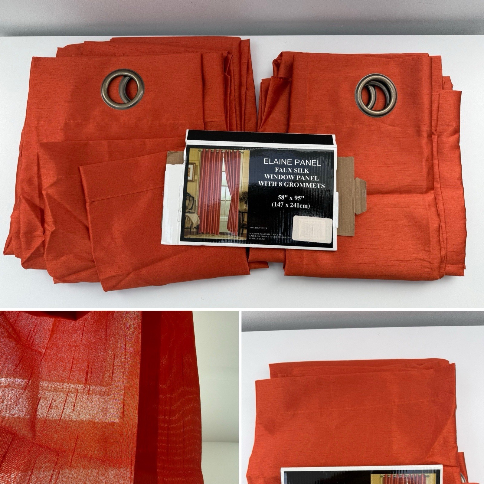 Elaine Faux Dupioni Silk Orange Bronze Grommet Window Curtain 2 Panels