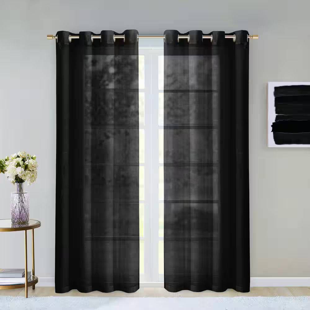 Black Solid Grommet Sheer Curtain – 55 In. W X 84 In. L (Set of 2)