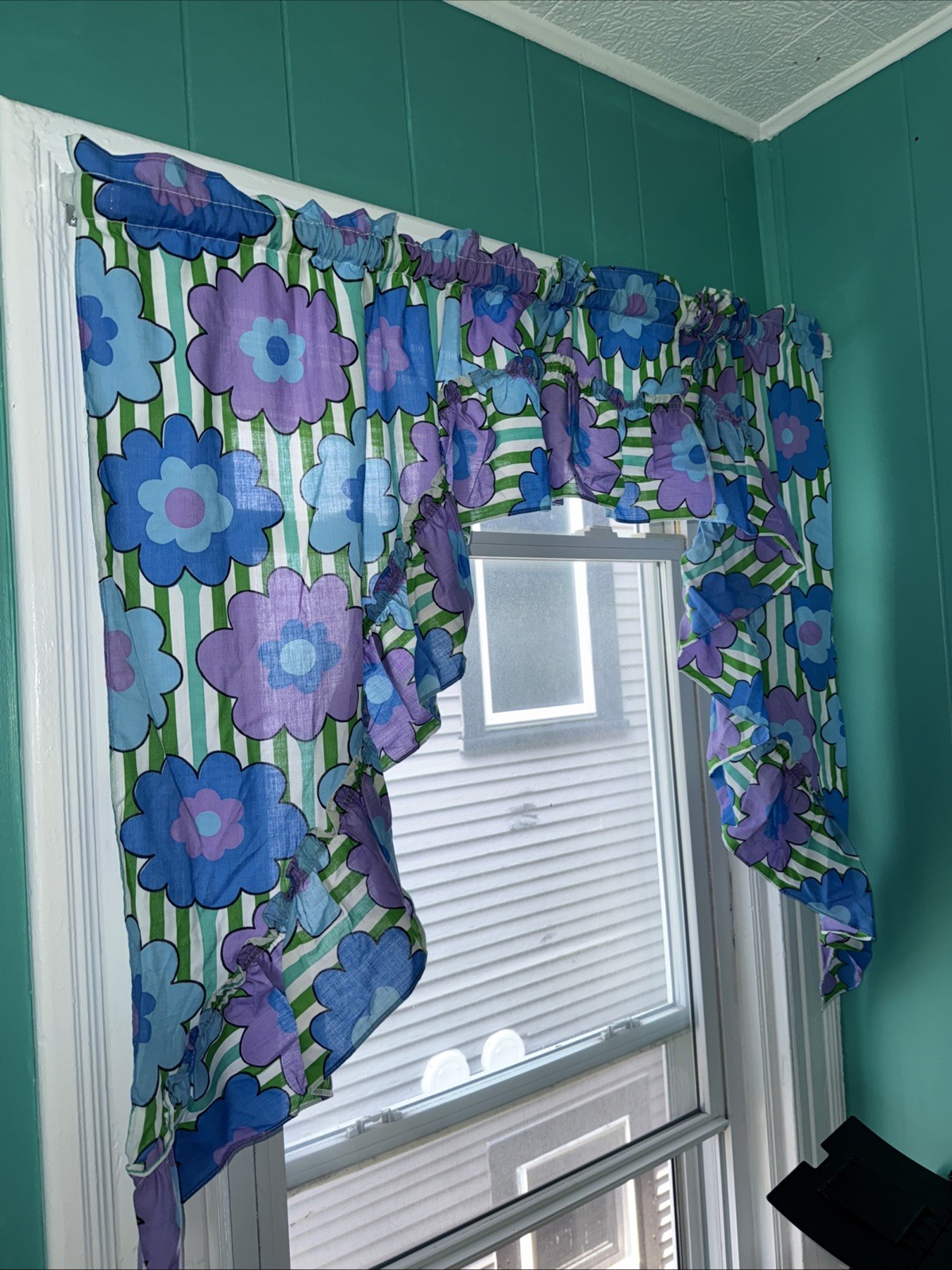 Vintage Window Treatments Set Curtains Blue Green Purple White Retro Kitsch Pair