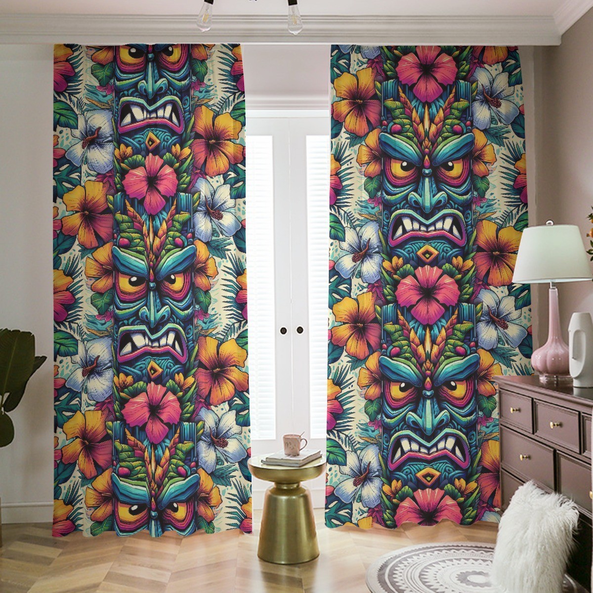 Blue Tiki Mask Blackout Curtains Drapes Shades Rod Pocket Hawaiian Floral Pink