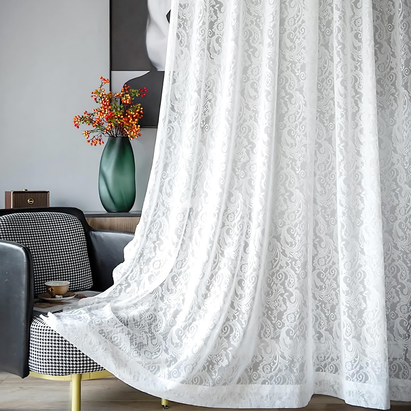 Lace Sheer Curtains 84 inch Length, White W52 x L84, 2 Panels Elegant Rod Poc…