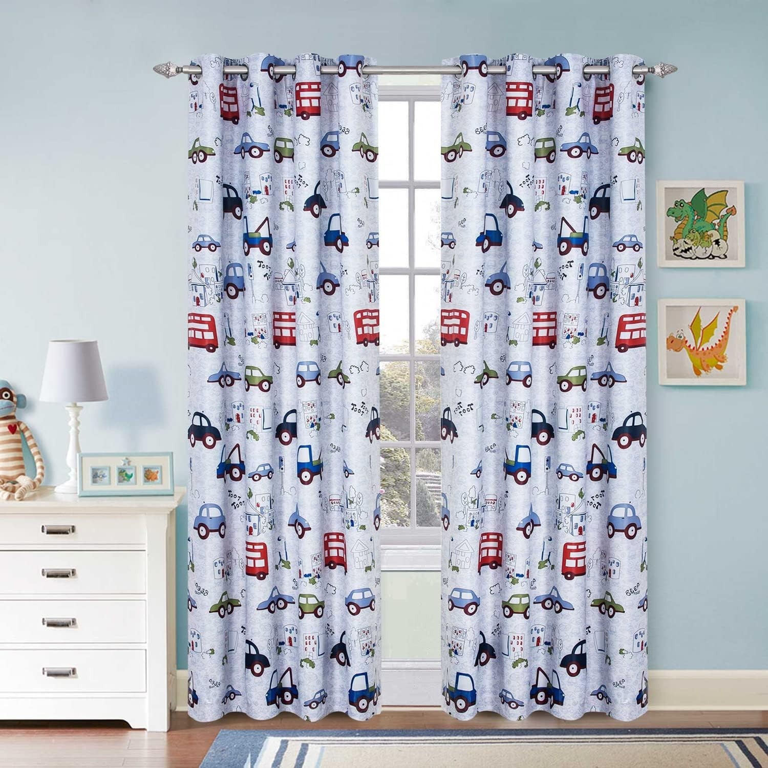 Cartoon Car Bus Room Darkening Curtains Grommet Top Drapes, 52×108 inch, 2panels