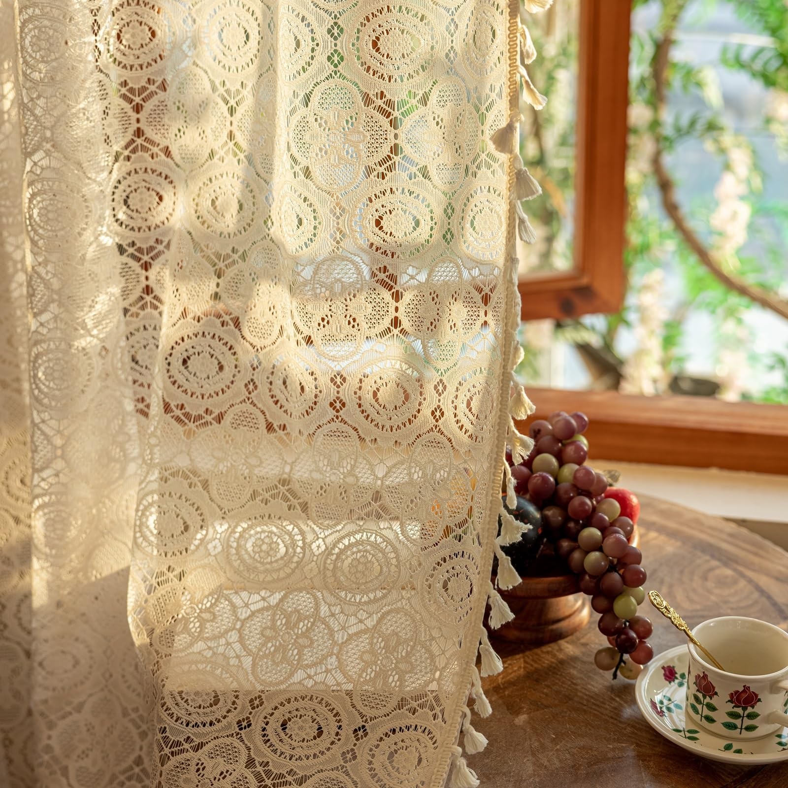 YJ YANJUN Boho Lace Curtains 84 Inches Long 2 Panels Retro Crocheted Cottagec…