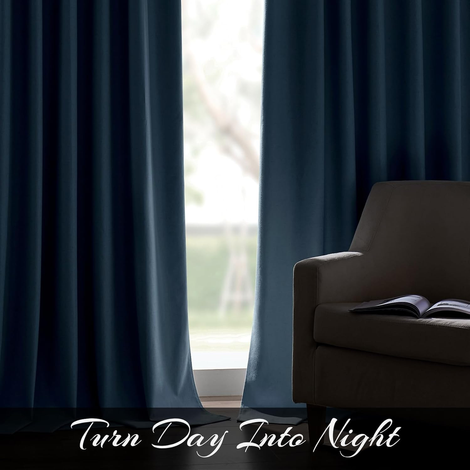 Chambray Blue Pinch Pleated Blackout Curtains, 108″ Long, 2 Panels Set