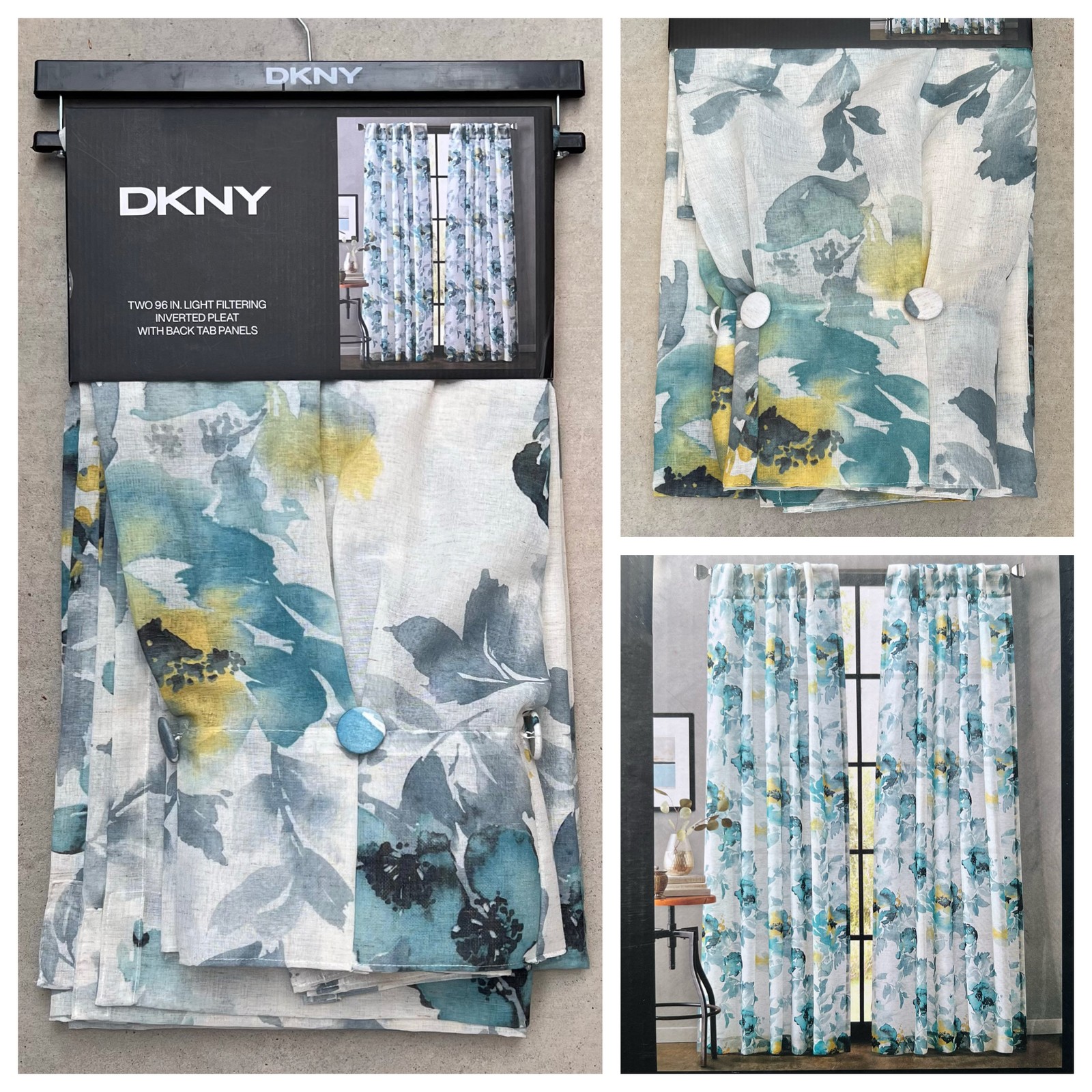 DKNY 32×96 Aquarelle Inverted Pleat Curtains Green Yellow Floral Flowers Buttons