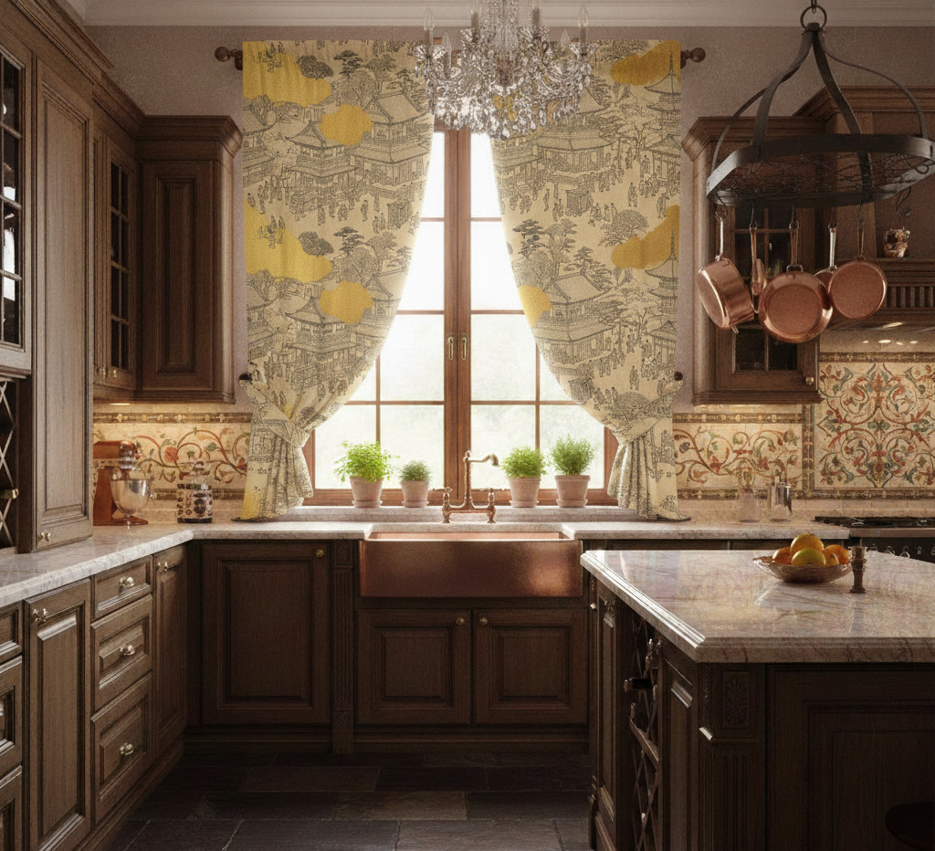 Traditional Asian motif Dense Floral , Living Room 70% Light Blocking