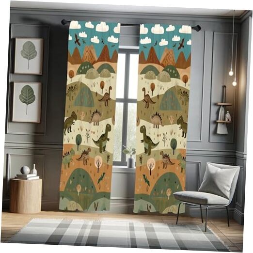 Dinosaur Window Curtains, Dino Land Scenery with Mountains Trees and Sky