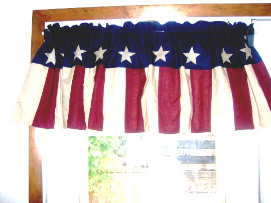 Patriotic valance with appliqued stars. cranberry, navy &cream