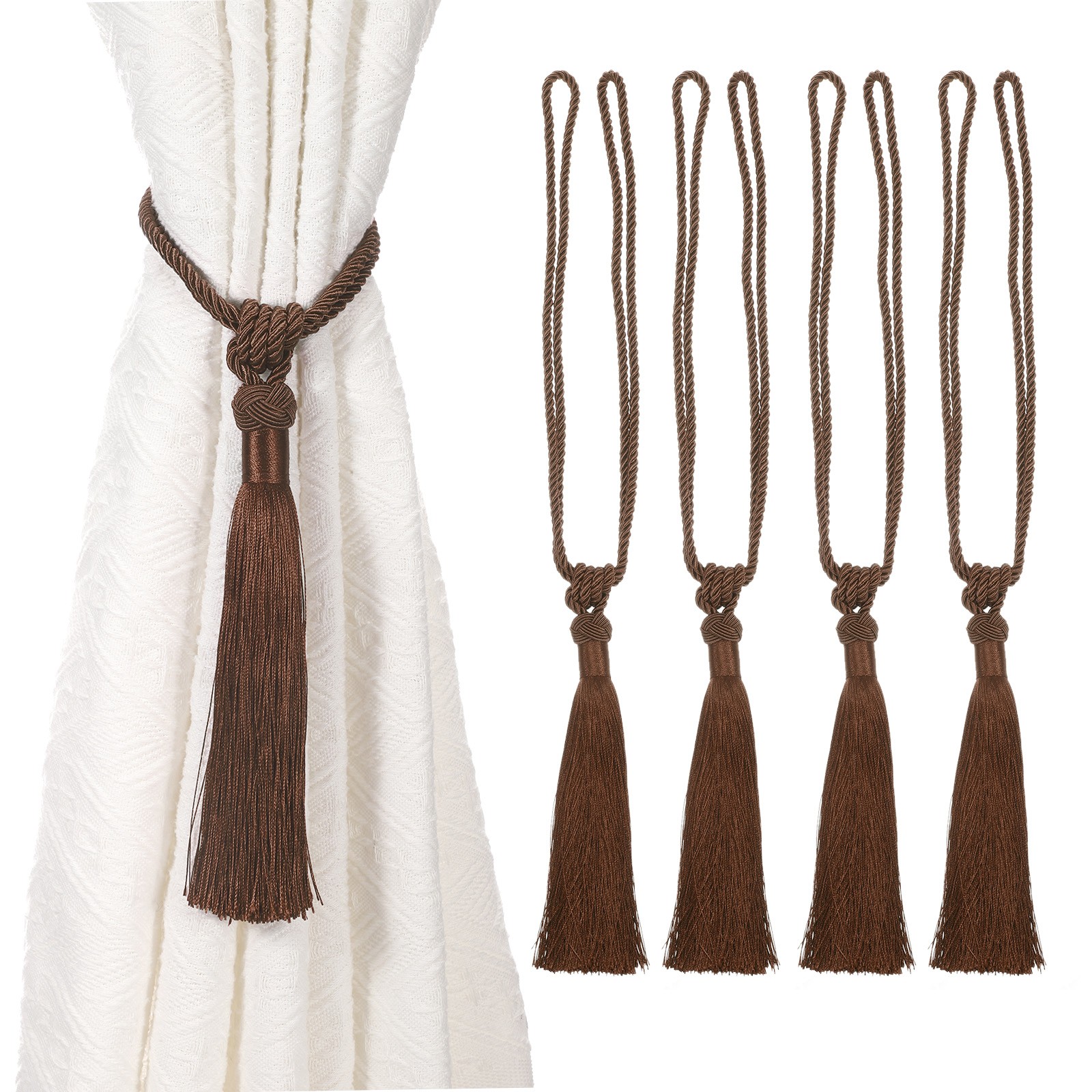 4 Pack Handmade Elegant Curtain Tiebacks with Tassel, Dark Brown