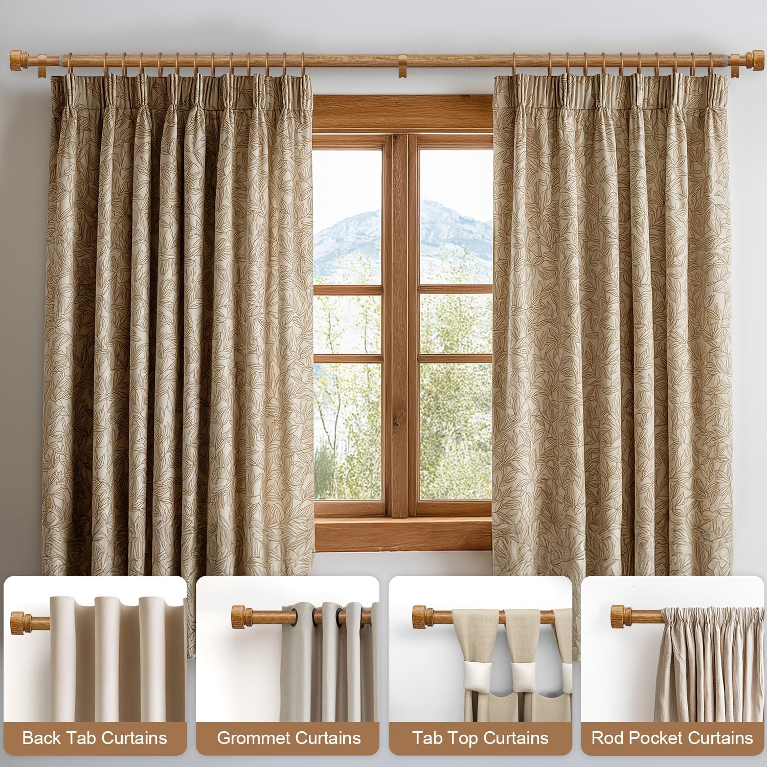 Wood Curtain Rods for Windows 66 to 120 Inches 1″ Diameter Boho Decorative He…