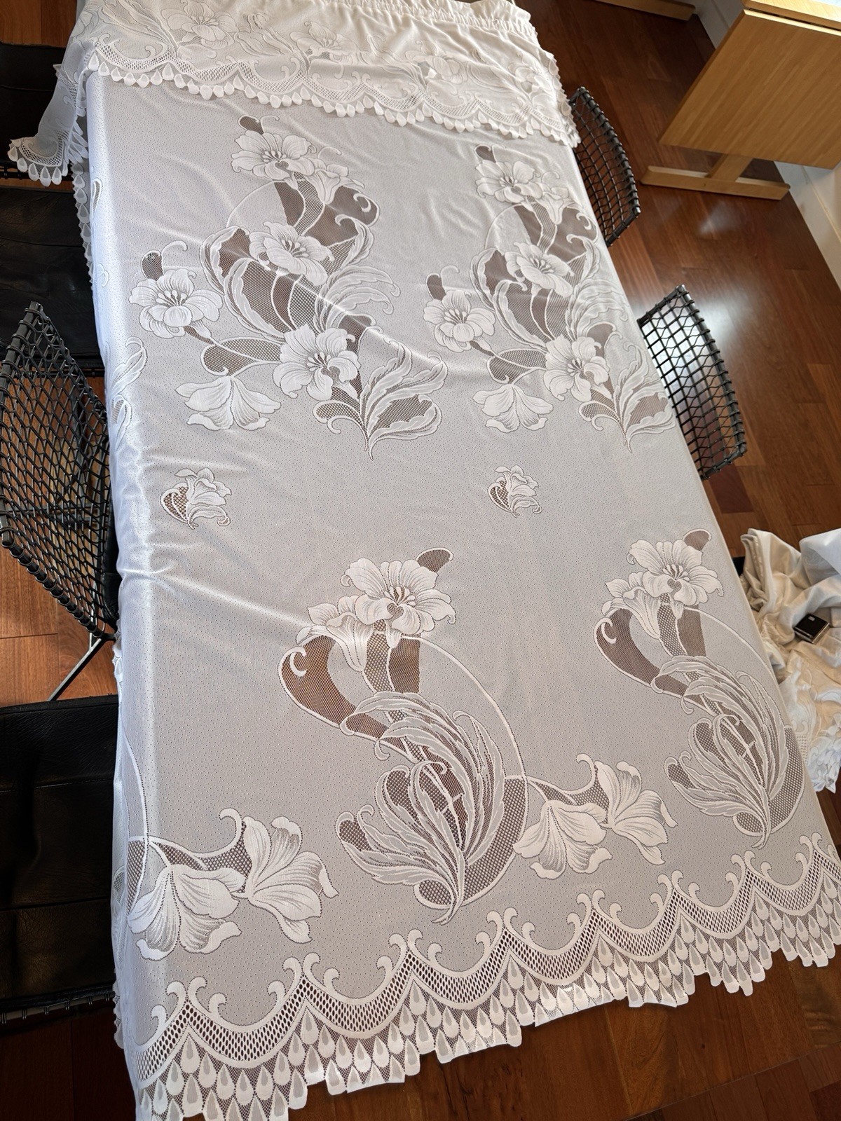 4 White Floral Lace Curtains 27.5” X 80”