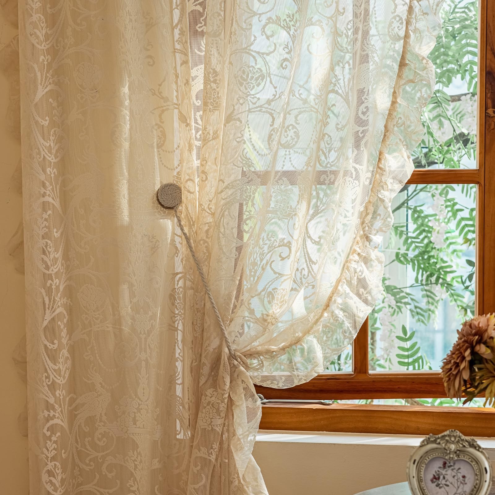 Beige Lace Curtains for Bedroom – Floral Sheer Boho Crochet Curtains 63 Inch …