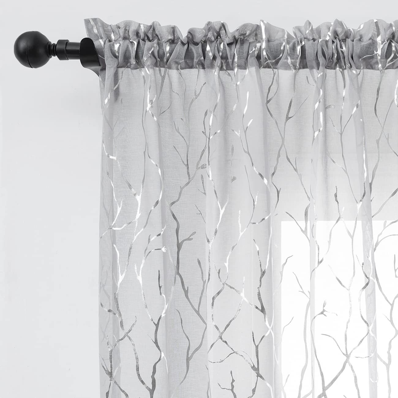 Tree Branch Silver Sheer Curtains for Living Room – Metallic Silver Tree Patt…