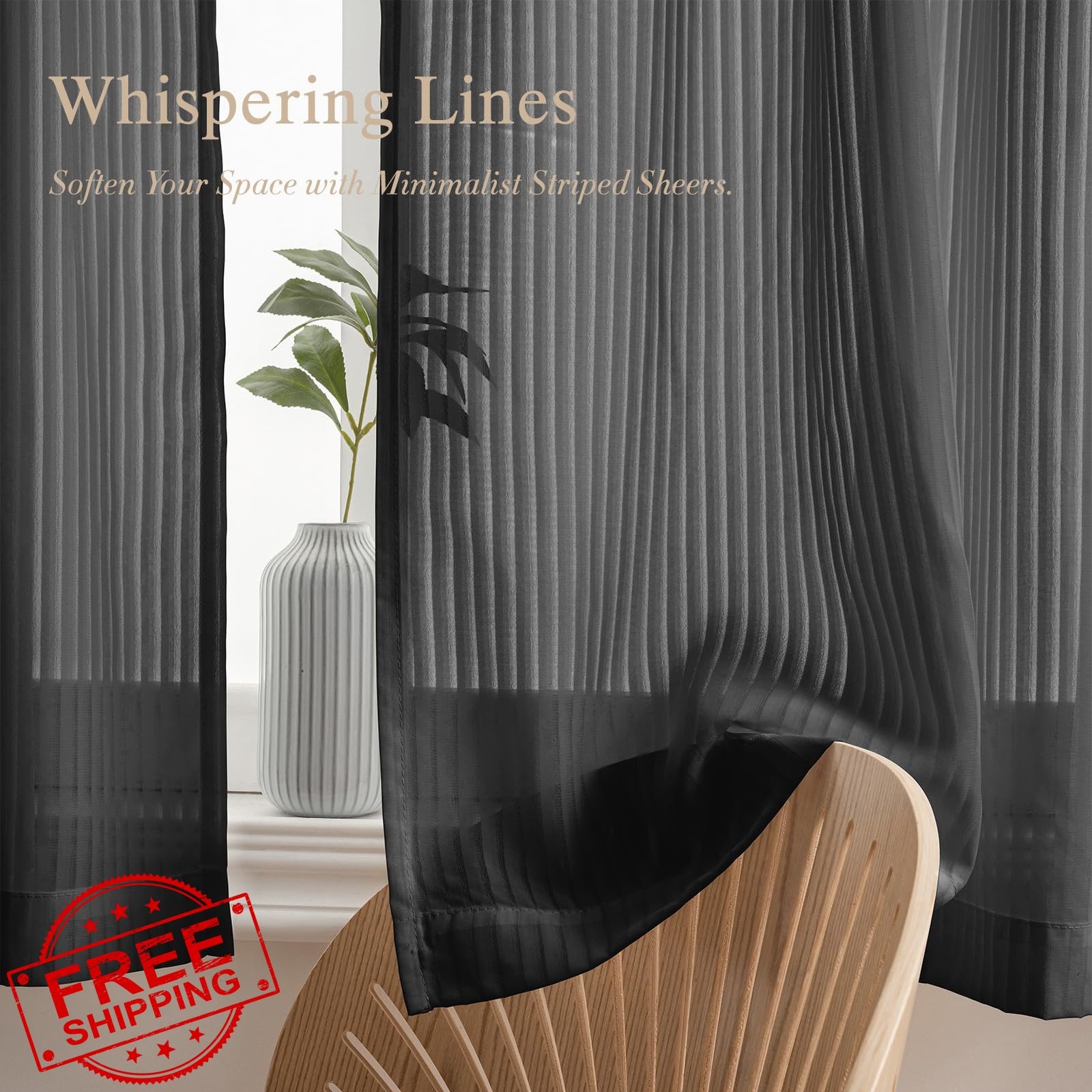 Sovtfides Black 53×63 Sheer Curtains Rod Pocket/Self-Adhesive 2-in-1 (2 PCS)