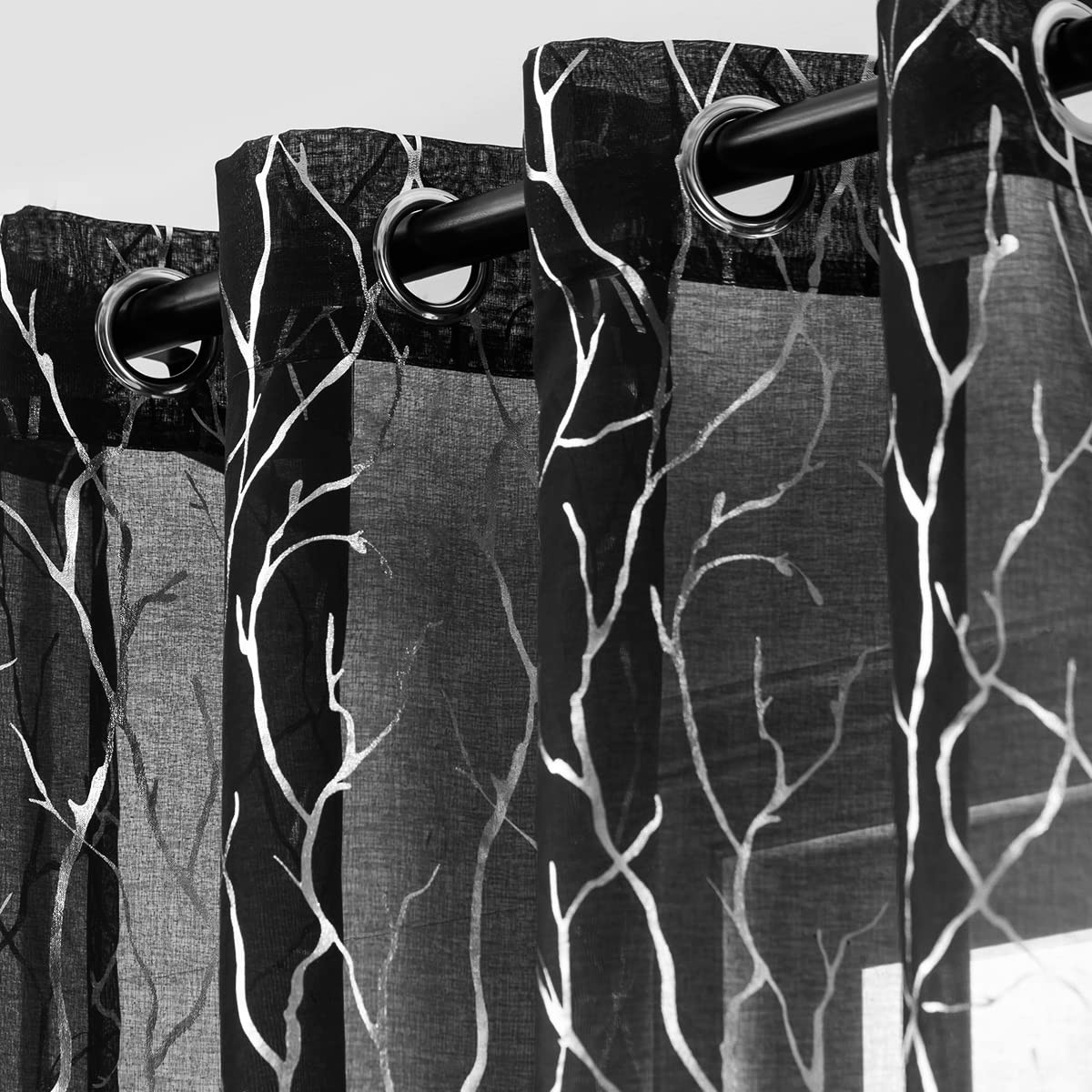 Black Silver Sheer Curtains for Bedroom, Metallic Foil Tree Branch Light Filt…