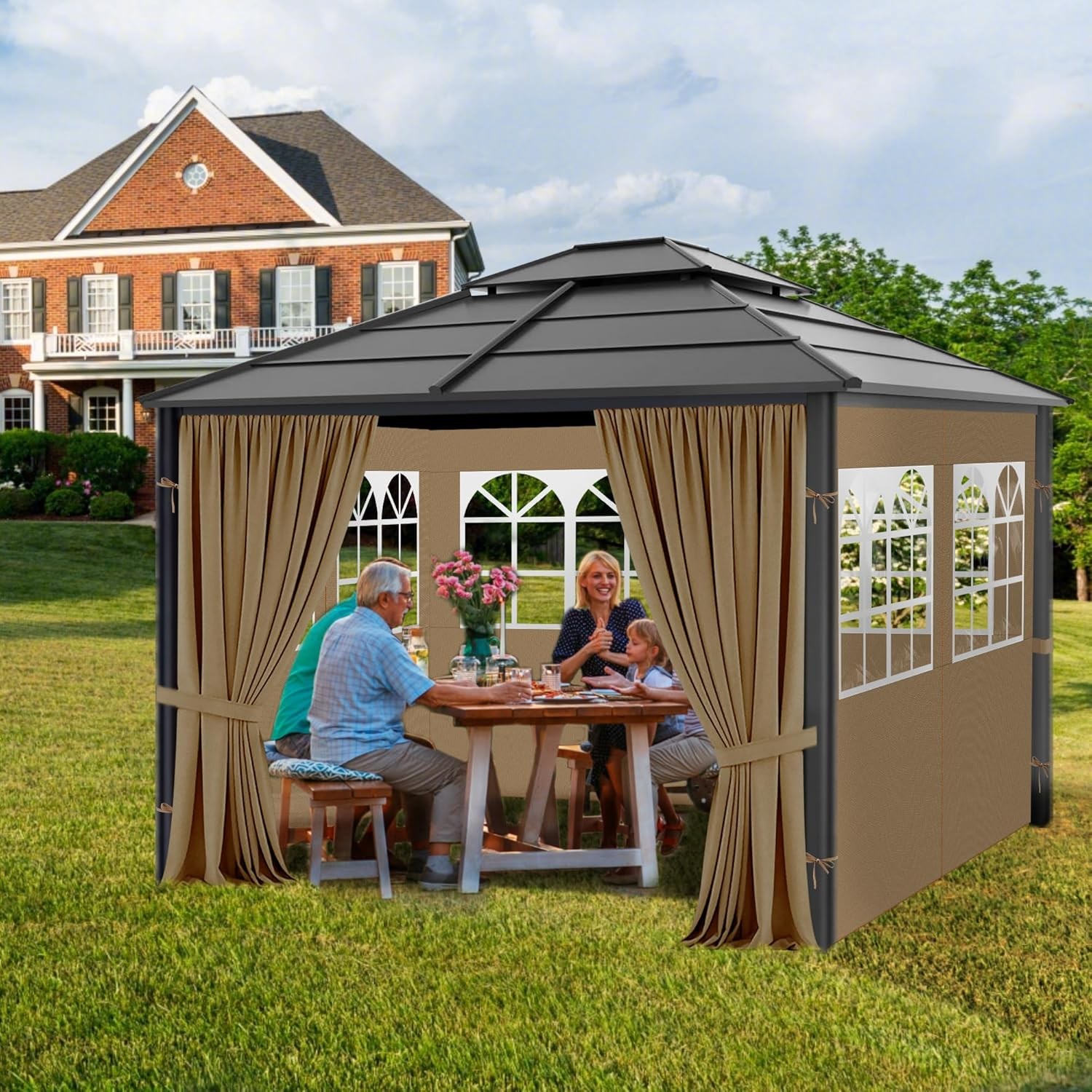 Gazebo Privacy Curtains 10′ X 10′ with PVC Windows, 4-Panels Side Wall with Zipp