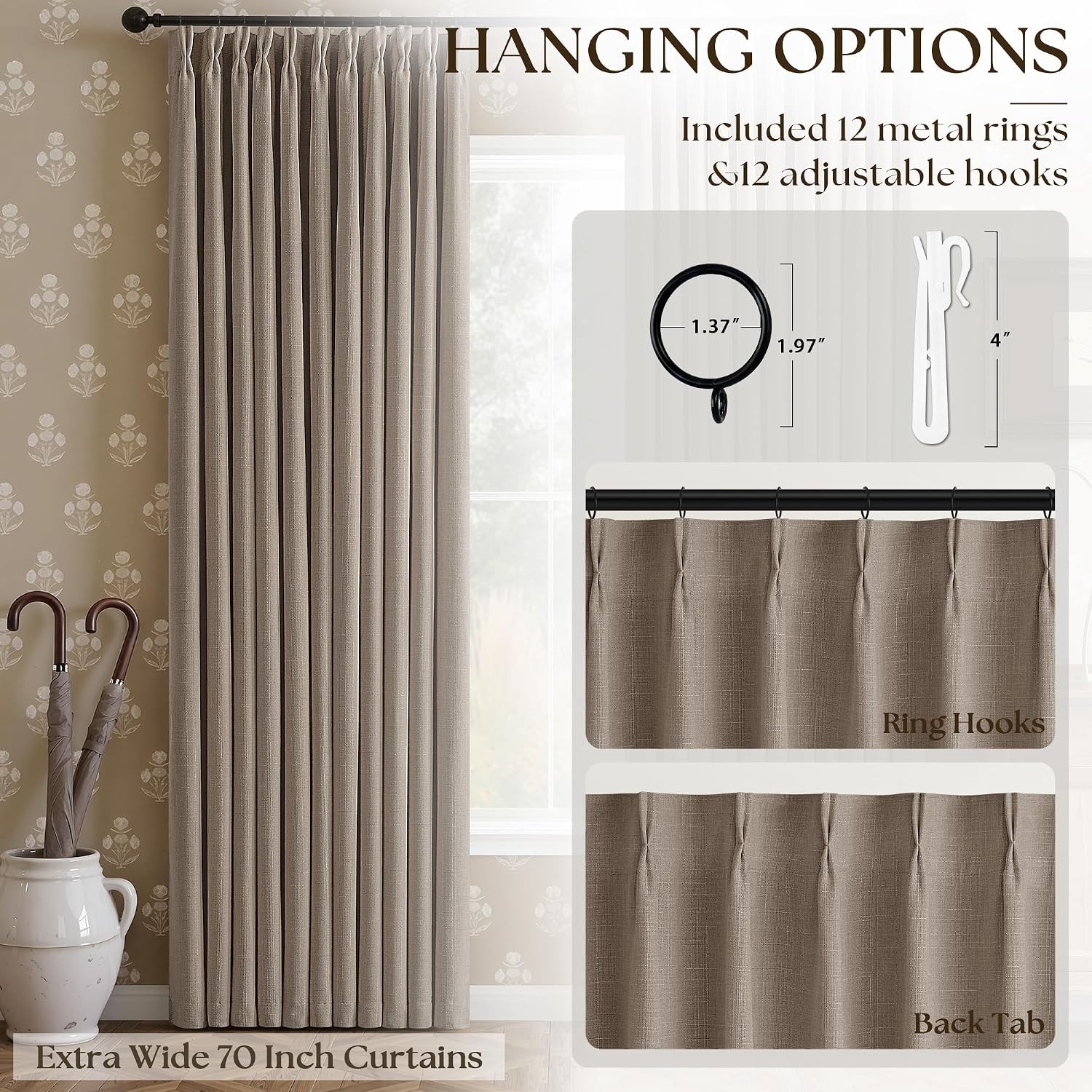 Burlywood Birch Blackout Linen Curtains 120 Inch Length 70 Inch Wide for Sliding