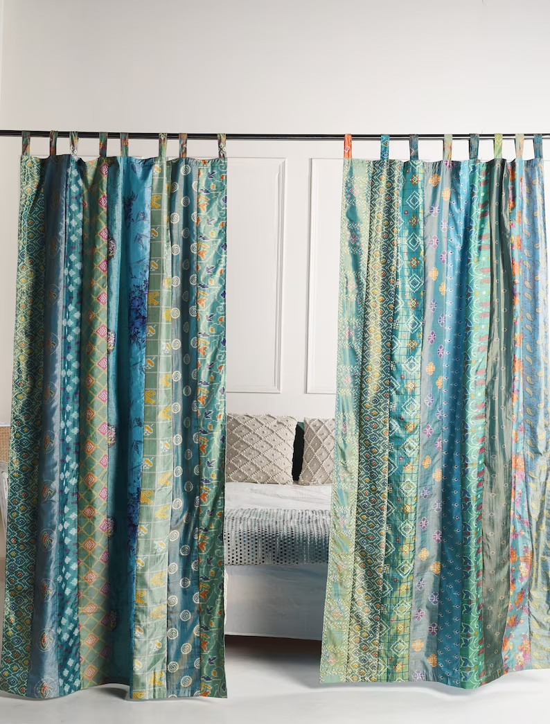 Indian Old Sari Turquoise Curtain Door Drape Window Decor Silk Saree Curtains