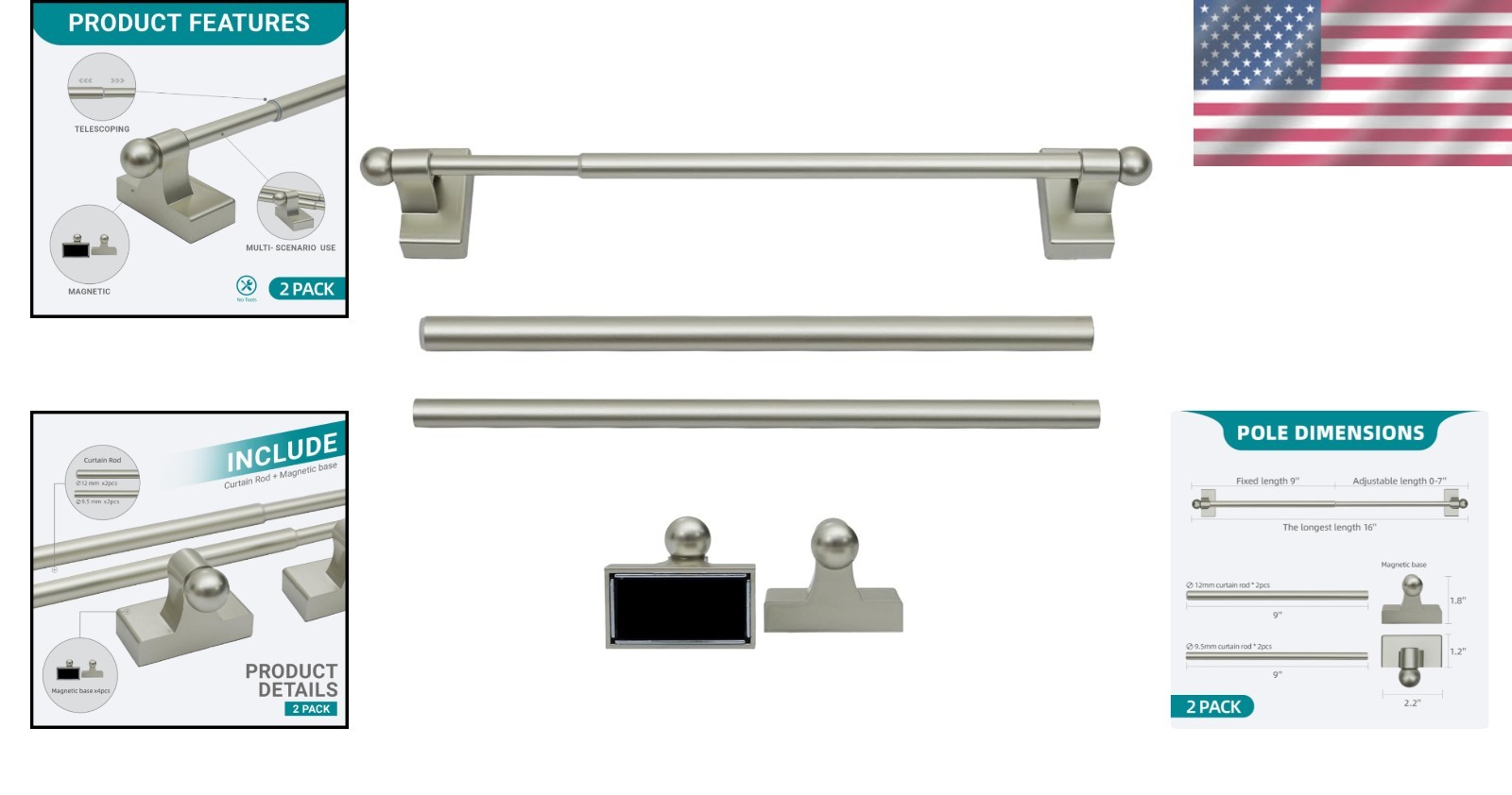 Versatile 9-16 Inch Magnetic Rods for Kitchens & Bathrooms, 2-Pack, Champagne