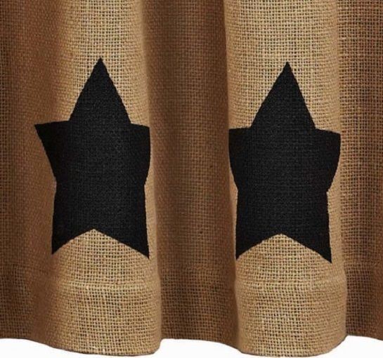 24″ L Burlap Natural Window Tier Set with Black Stencil Stars Cafe Curtains